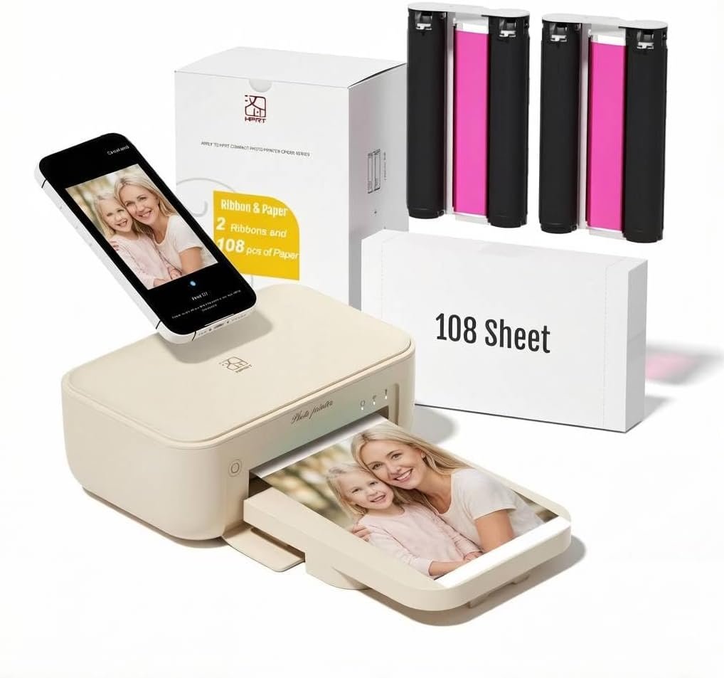 HPRT 4×6 Photo Printer with 108 Sheet Photo Paper& 2 Ribbon, Desktop Instant Picture Printer for iPhone, Smartphone, Thermal Dye Sublimation, WI-Fi Connnecting, Home Use, Beige