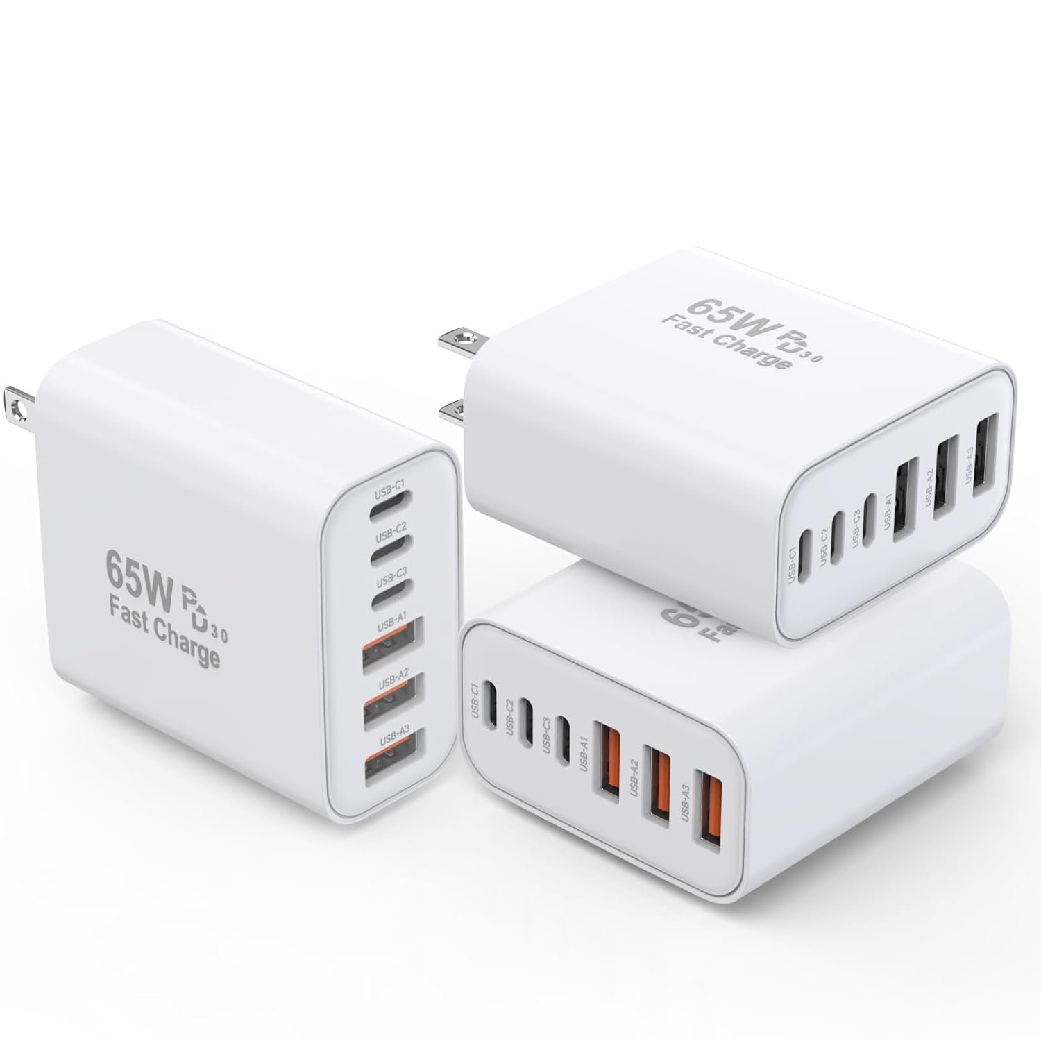 3 Pack 65W GaN Type C Wall Charger Block,6-Port Fast Charging Block,PD USB C Plug Adapter+QC Plug Compatible with Apple iPhone 17/17 Air/16E/16Pro Max/16Plus/16/15/14/13/12/11/XS Max,iPad Pro,AirPods