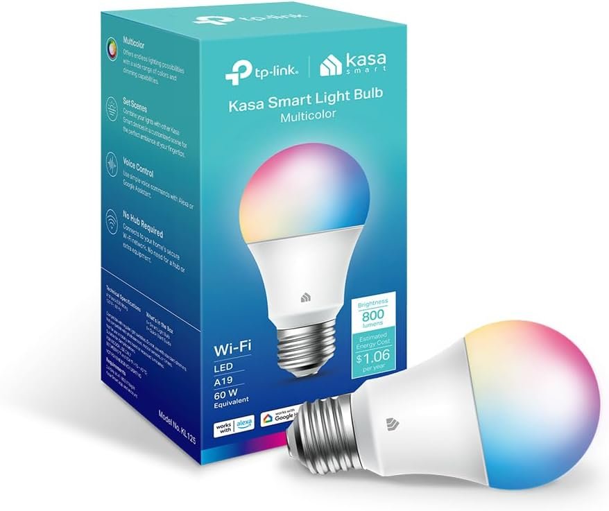 New Kasa Smart Bulb, Full Color Changing Dimmable Smart WiFi Light Bulb Compatible with Alexa and Google Home, A19, 9W 800 Lumens,2.4Ghz only, No Hub Required, 1-Pack (KL125), Multicolor