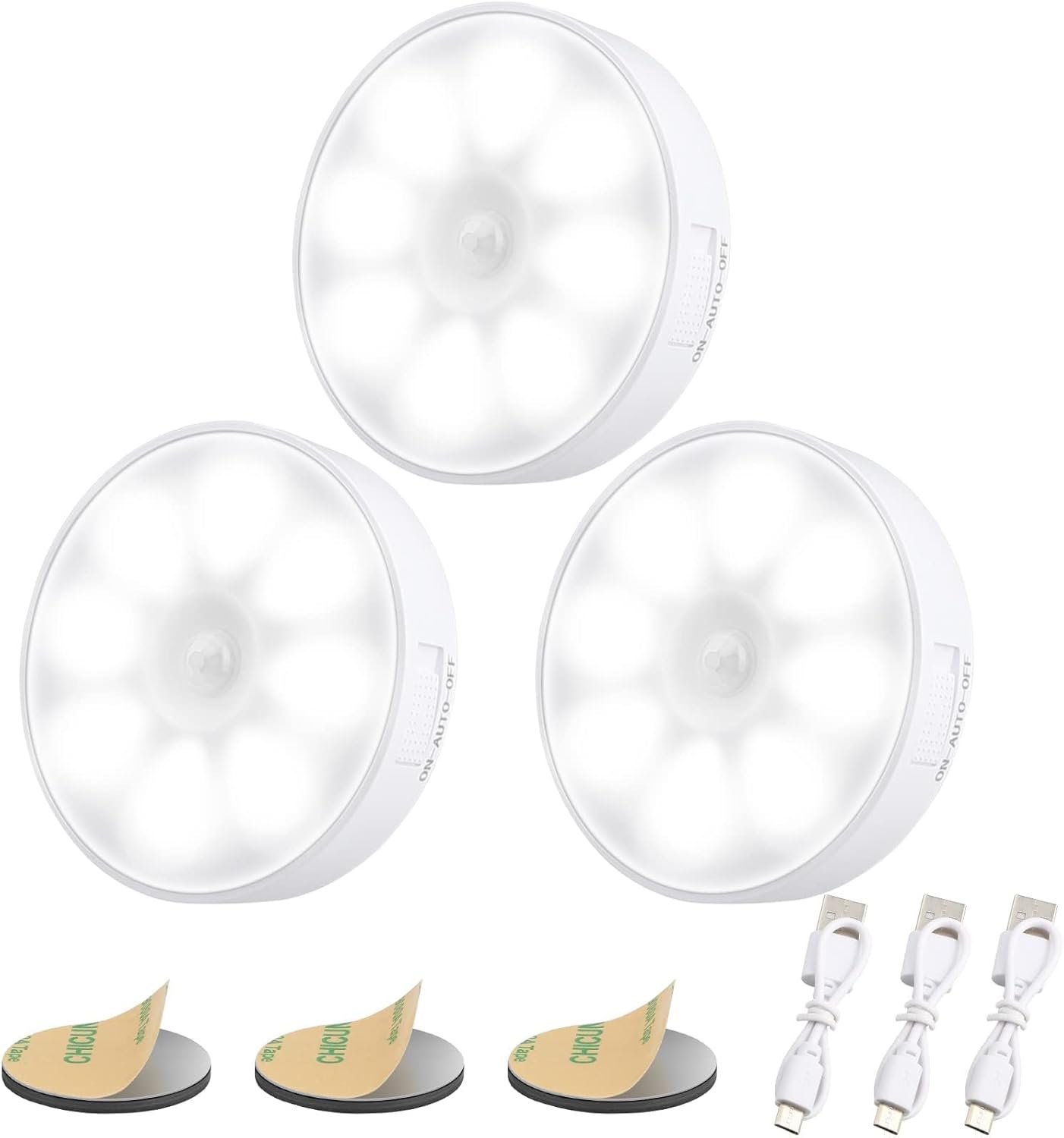 Upgraded Motion Sensor Light, 8 LEDs, 3 Pack Rechargeable, 120 Detection, 3 Modes – Closet, Bedroom, Stair, Hallway Light – 6000K Cold White