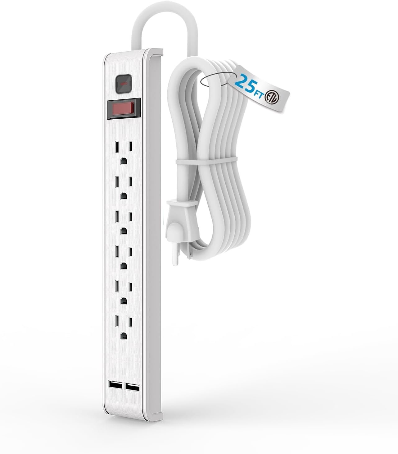 TiFFCOFiO Power Strip Surge Protector, 6 Outlets with 2 USB Ports, 6 Feet Extension Cord, 600 Joules, Wall Mountable for Home, Office and Dorm, 15A/1875W, ETL Listed (25, Feet)