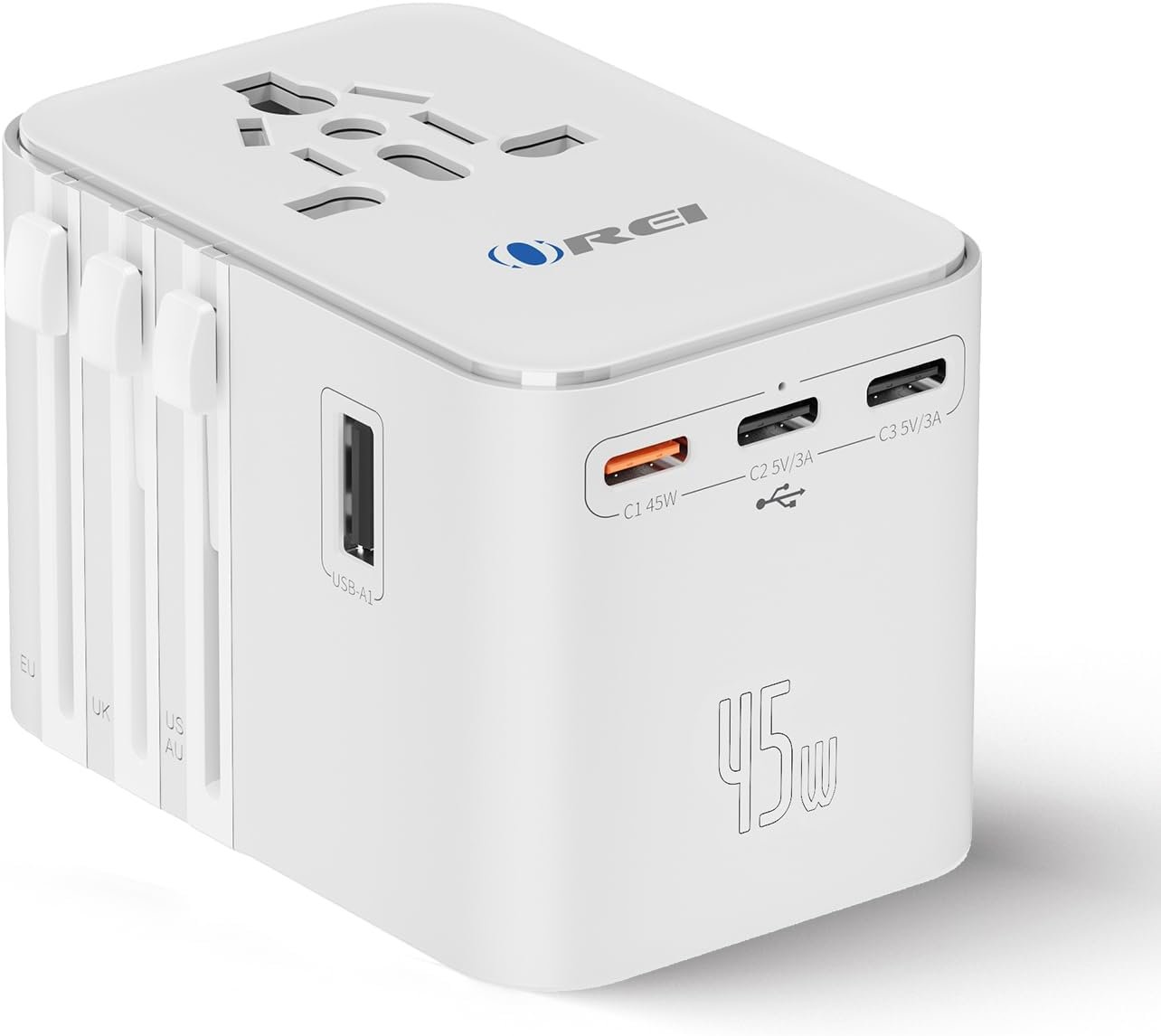 OREI 45Watt Universal Travel Adapter | 3X USBC 2XUSB A – 6-in-1 Universal Power Adapter | Universal Chargers for All Devices Compatible 150+ Countries | Type C, A, G, I Compatible