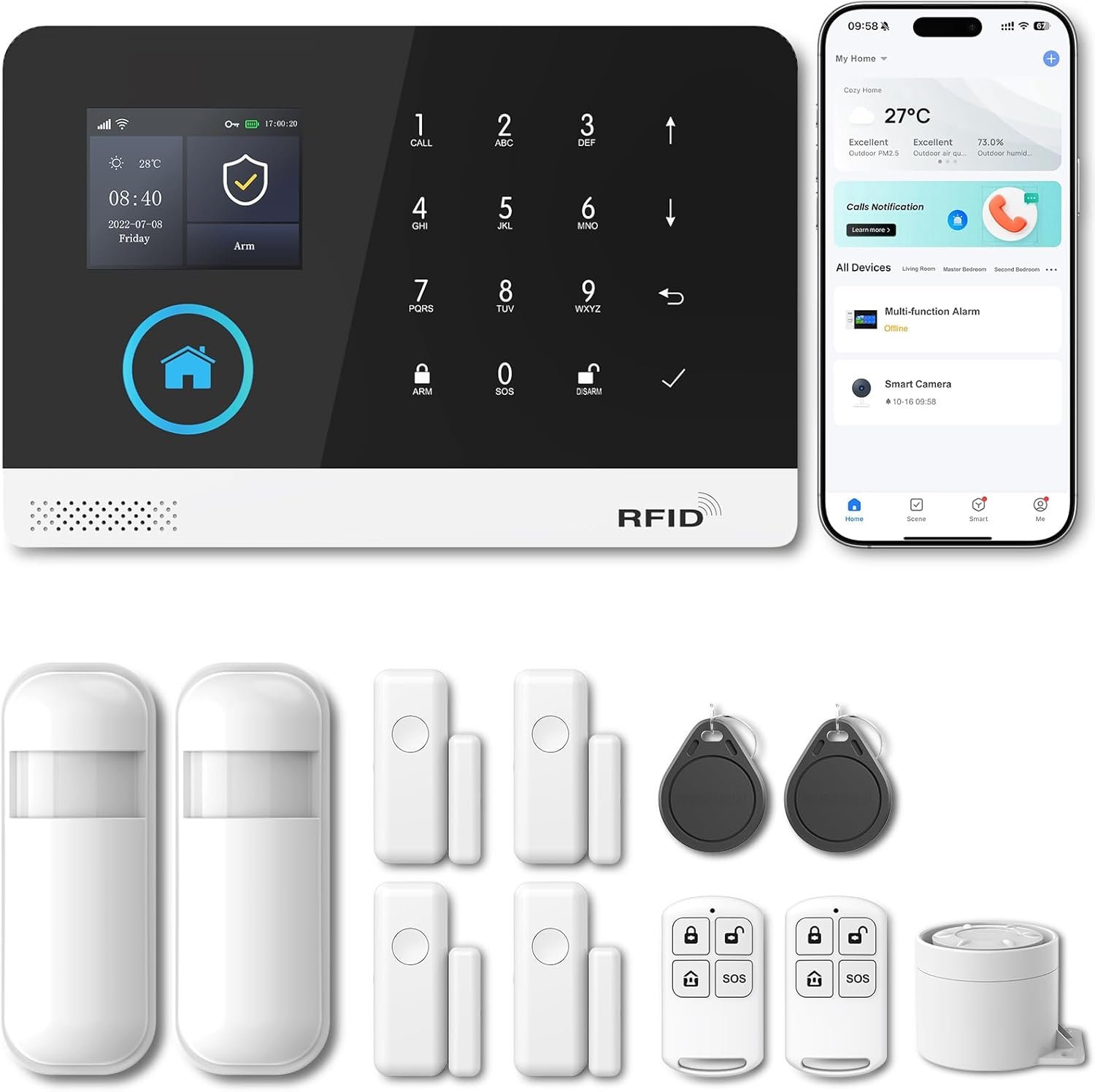 PGST Home Security Systems for House, Wireless Home Security Alarm System, Door/Window Sensor Motion Sensors with App Alert, WiFi+GSM 4G Home Alarm System No Subscription（103-C）
