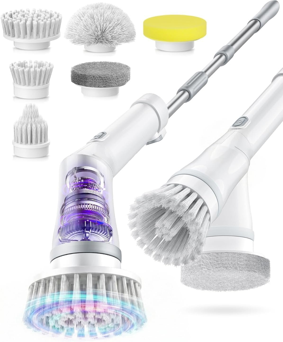 6-in-1 Electric Spin Scrubber, Cordless Power Scrubber with 47.2″ Long Extendable Handle, 2-Speed Scrub Brush with Cleaning Scouring Pads, IPX7 Waterproof for Tile & Floor Cleaning, White-qb2