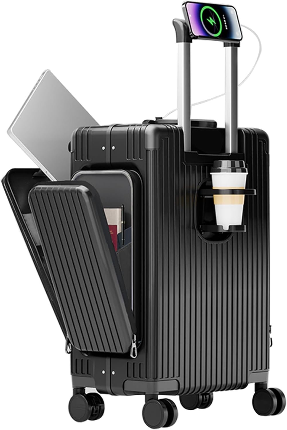 feilario 20in Aluminum Frame PC Carry On Luggage Tri-Zone Access Hard Shell Brake Wheels Suitcase with Cup Holder, Phone Holder, TSA Approved Lock (Black, 20″)