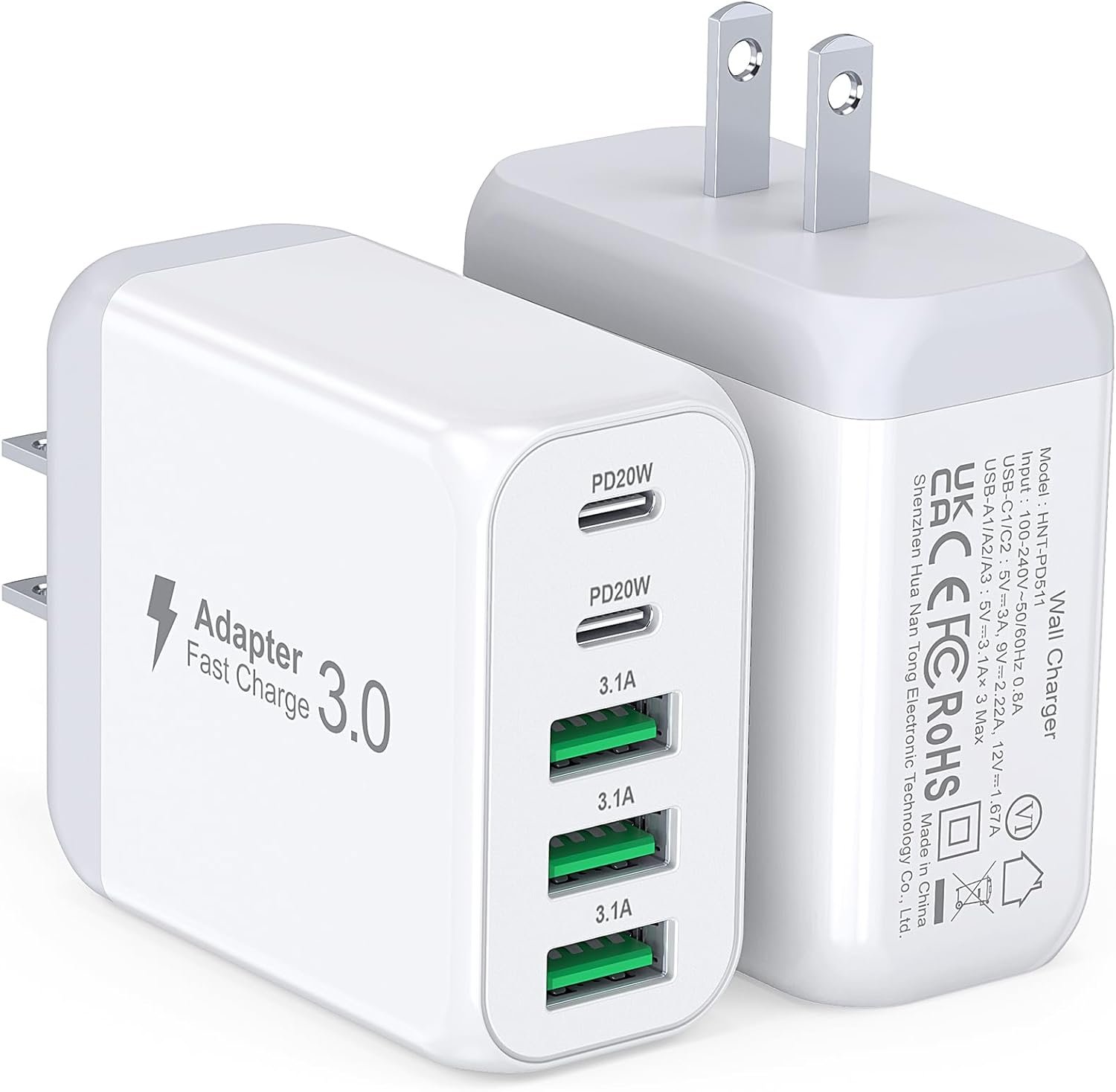 USB C Wall Charger Block, 2Pack 50W 5-Port C Charger Fast Charging Block PD Power Adapter +QC 3.0 Multiport Type C Box Brick Cube USB A Wall Plug for iPhone 15/16/17 Pro Max Plus, iPad,Samsung Galaxy