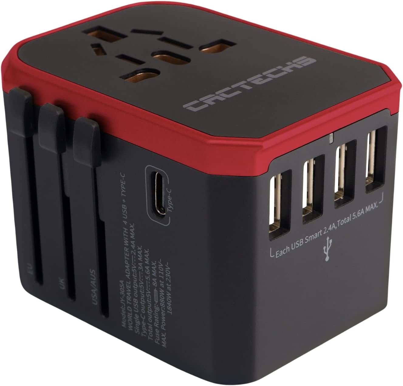 International Universal Travel Adapter Worldwide 4 USB 1 Type C Travel Charger, EU UK European Travel Plug Adapter Europe Power Outlet Converter, Travel Essentials Accessories – Red