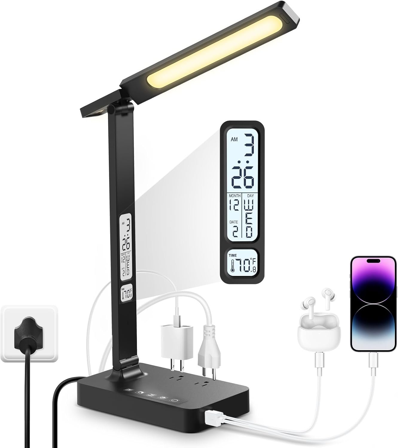Infiway Desk Lamp with USB Charging Port: LED Stepless Dimmable Eye Caring Desk Light for Home Office – 1 Type-C, 1 USB-A Charging Port, 2 AC Power Outlets, Multiple Light Modes for Study and Bedroom