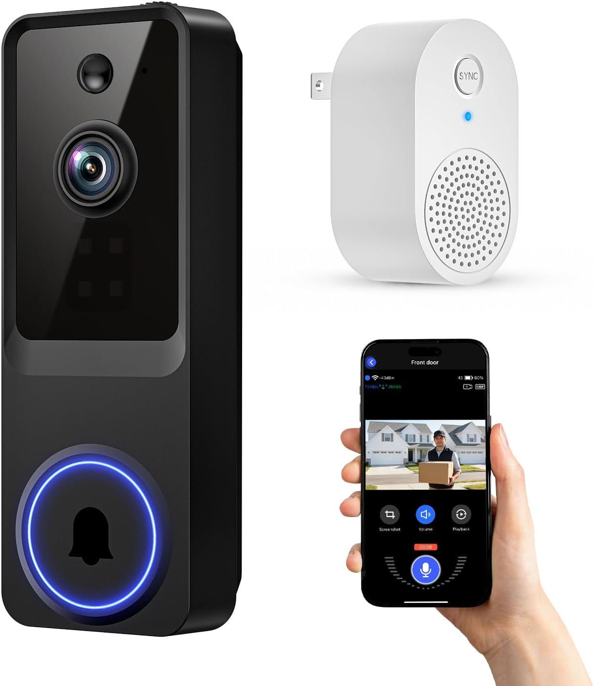 1080P Wireless Home Security Doorbell Camera with Receiver，AI Human Detection，Real-Time Alerts，2-Way Audio，Battery Powered，Night Vision，Cloud Storage, 2.4Ghz Wi-Fi