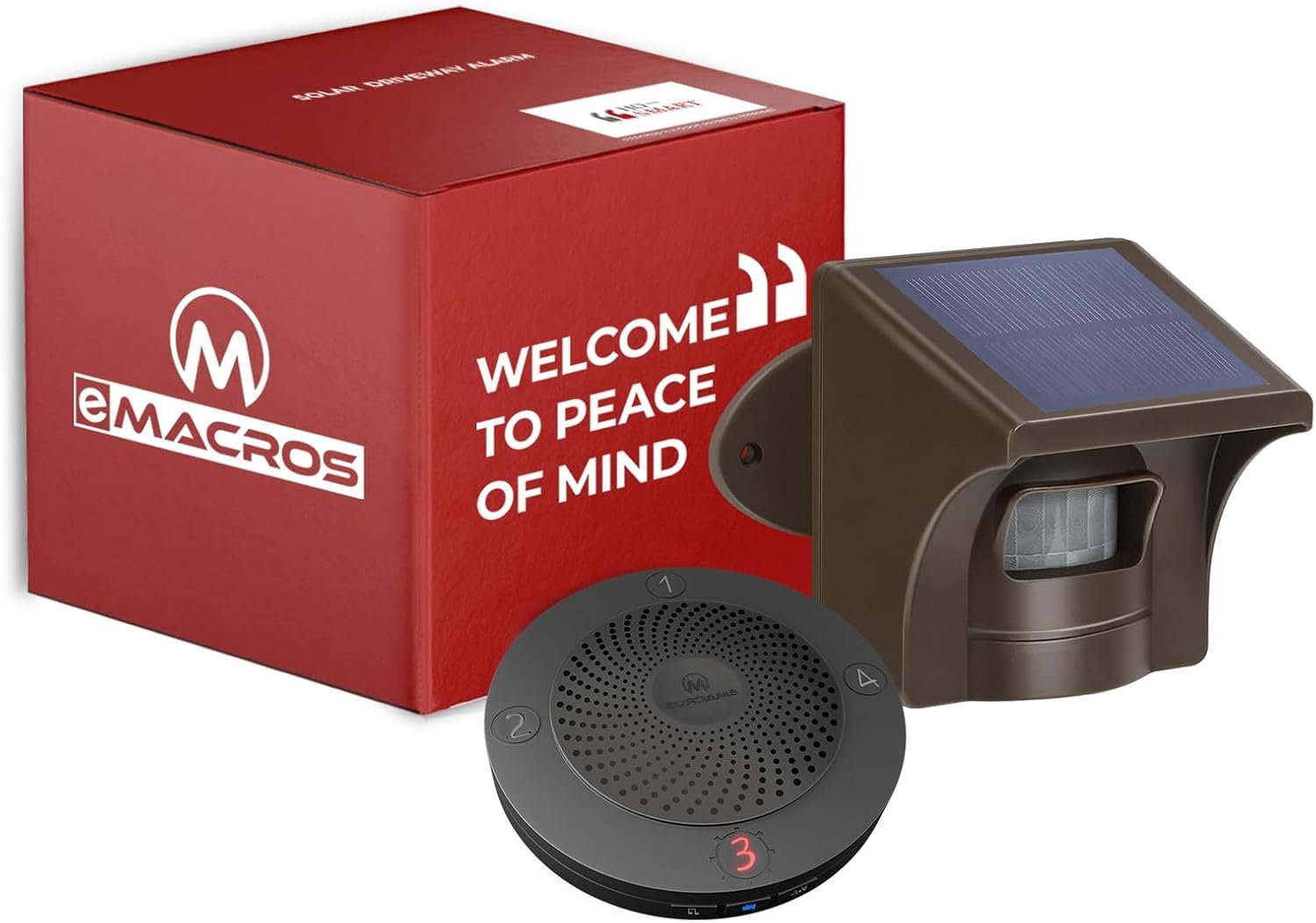 eMACROS Non-APP Wireless Driveway Alarm — 1/2 Mile Solar Motion Sensor with Plug-in Receiver for Driveways, Homes, Large Properties, Weatherproof Outdoor Security System