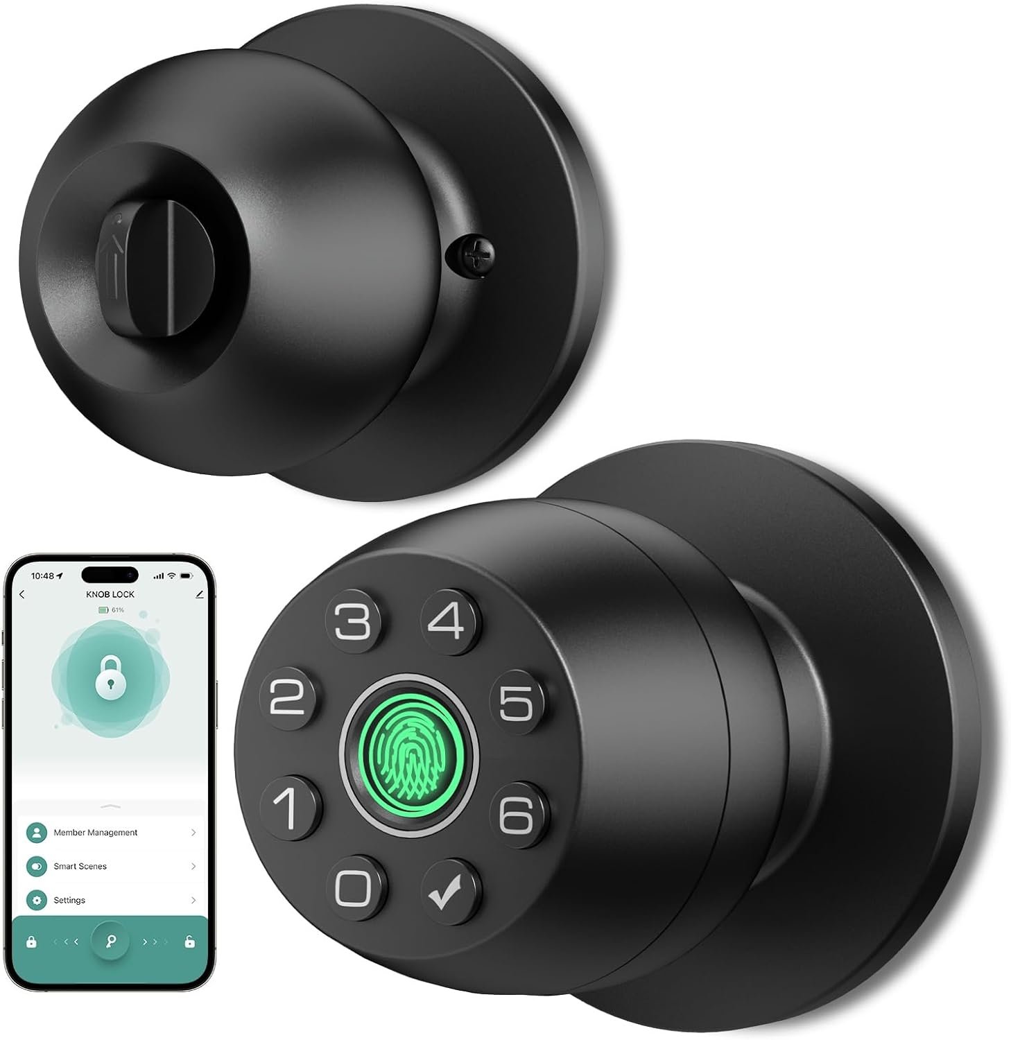 Fingerprint door lock, smart door knob with fingerprint and keypad password, App-controlled biometric door lock, keyless entry, suitable for bedrooms, offices, hotels, and apartments (matte black)HL-5