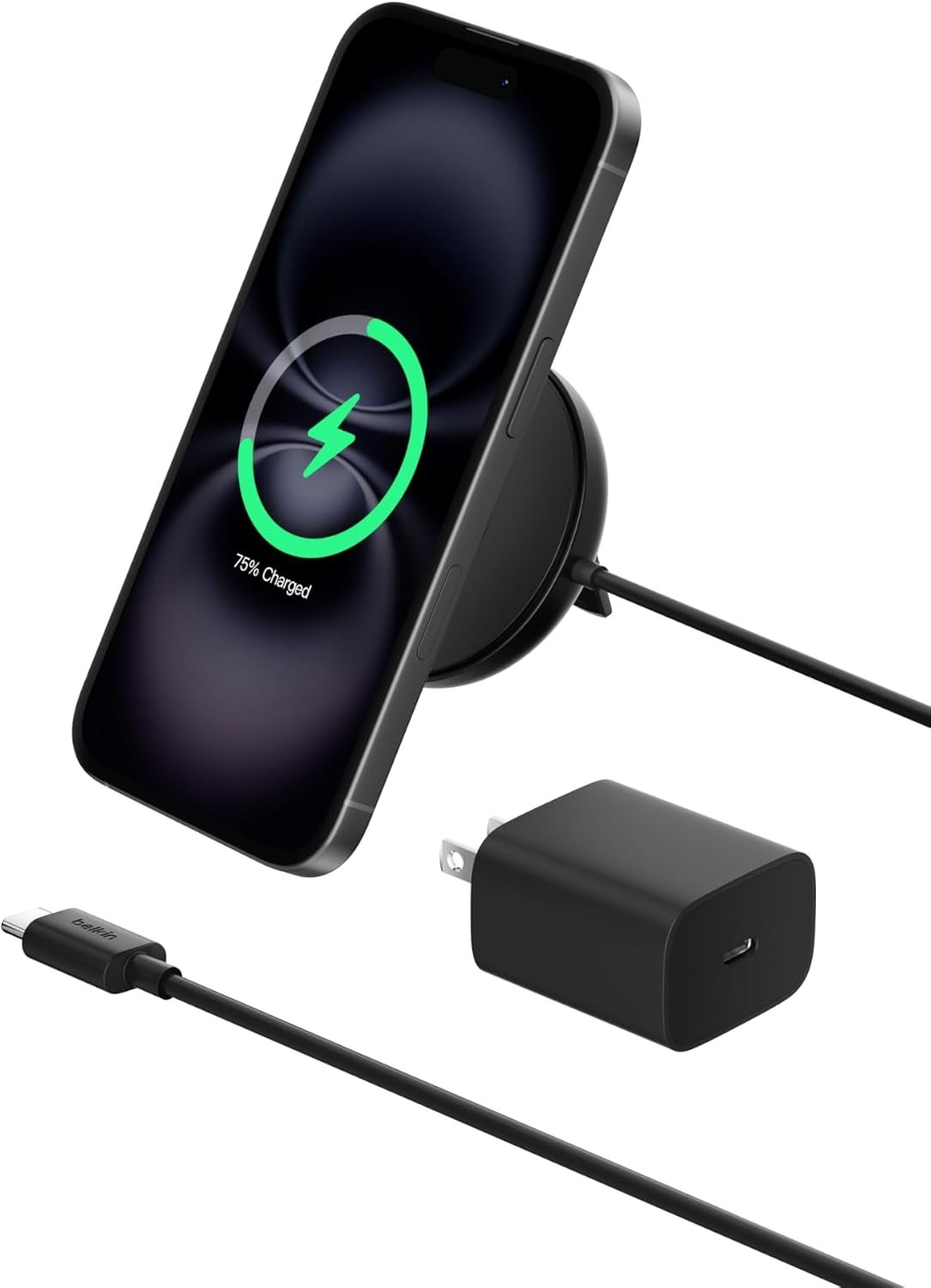 Belkin Magnetic Wireless Charging Pad Qi2 15W w/Kickstand – MagSafe-Compatible Qi2-Certified Wireless Charger for iPhone 17, Samsung Galaxy S25, AirPods, & More w/Power Supply Included – Black