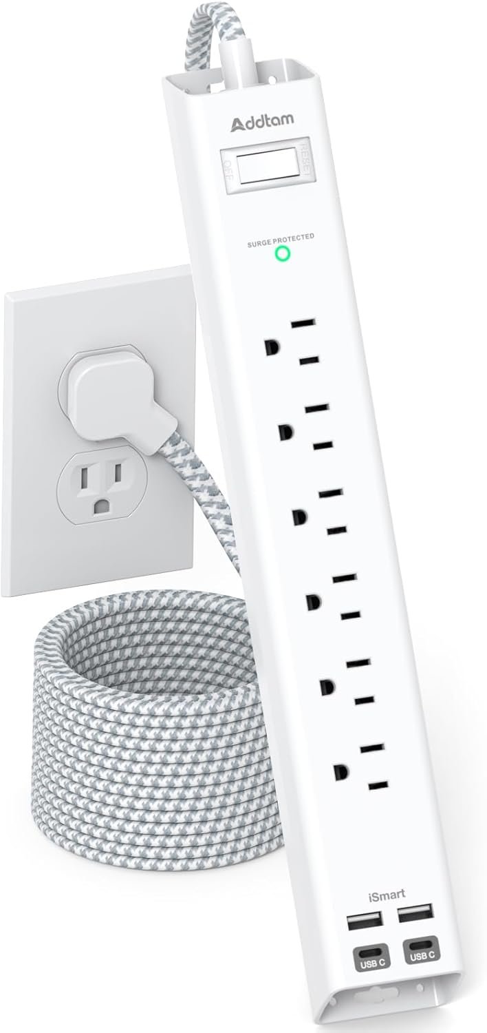 Extension Cord 10 ft – Long Power Strip Surge Protector, 6 AC Outlet 4 USB (2 USB C), Flat Plug, Wall Mount, Multi Plug Outlet Extender Desk Charging Station for Home Office Dorm Room Essentials
