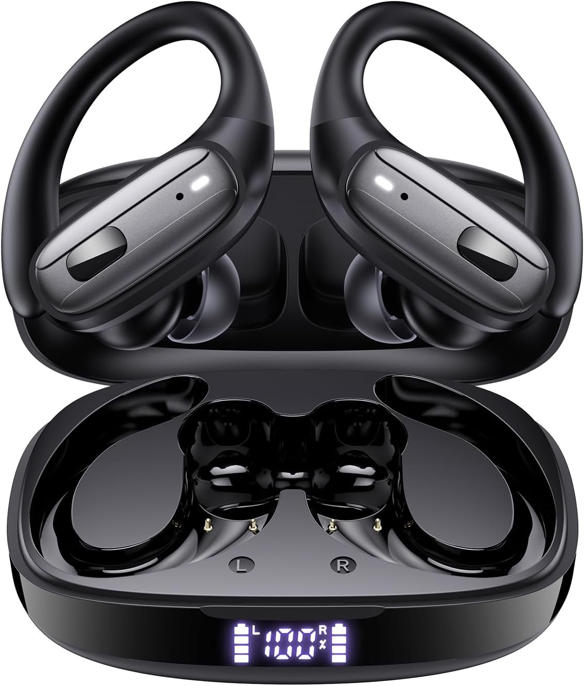 LEEMC Wireless Earbuds, Bluetooth Headphones 5.4, Ear Buds with Hooks for Sports, 80Hr Playtime Earphones, LED Display, IPX7 Waterproof Headset for Workout Running, Black