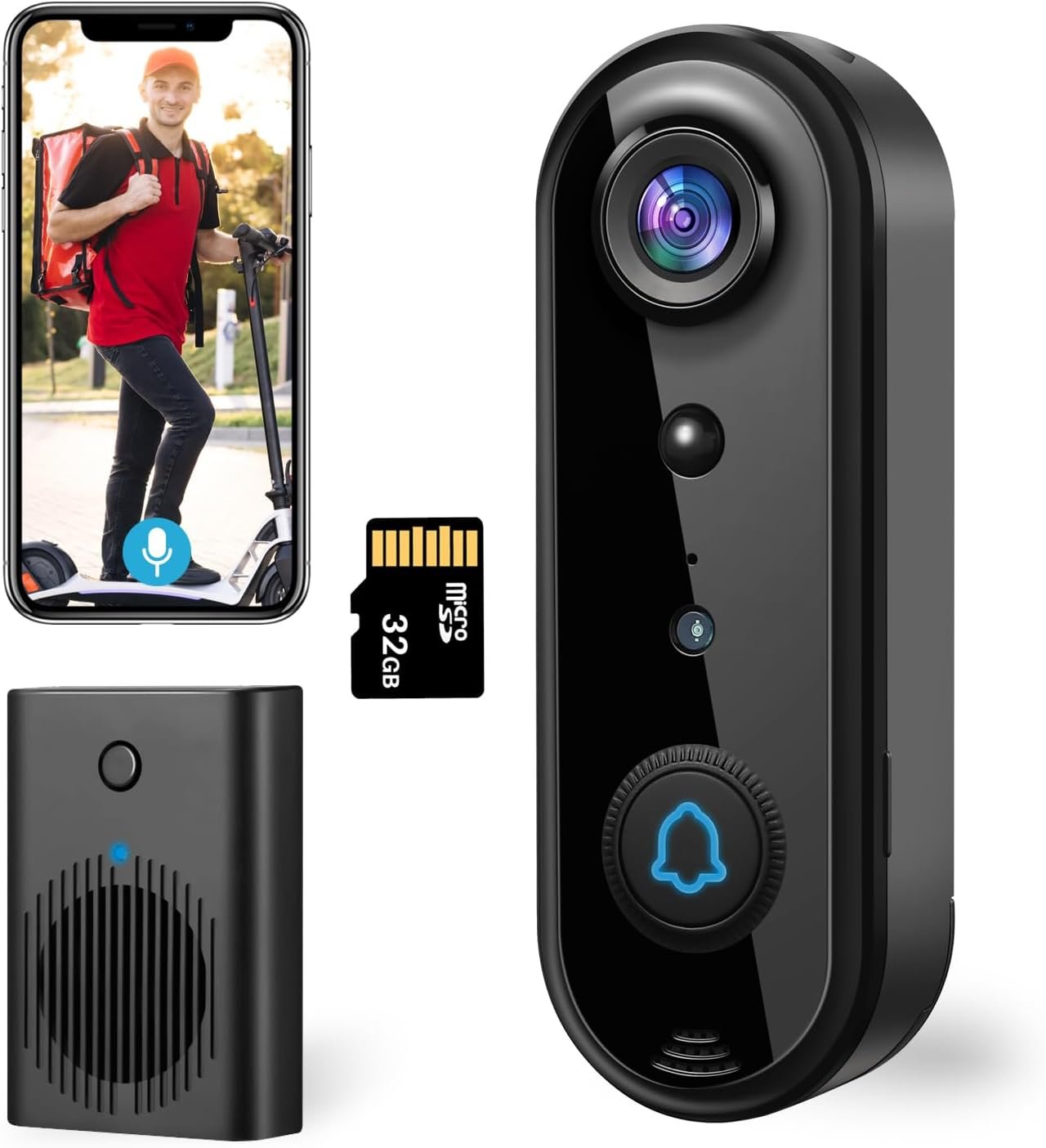 HD Wireless Video Doorbell Camera with Chime, Smart Human Detection, Real-time Alert, FHD Night Vision, Two-Way Audio, IP65 Waterproof, 2.4Ghz WiFi, 32GB SD Card Storage/Cloud Storage (2K)