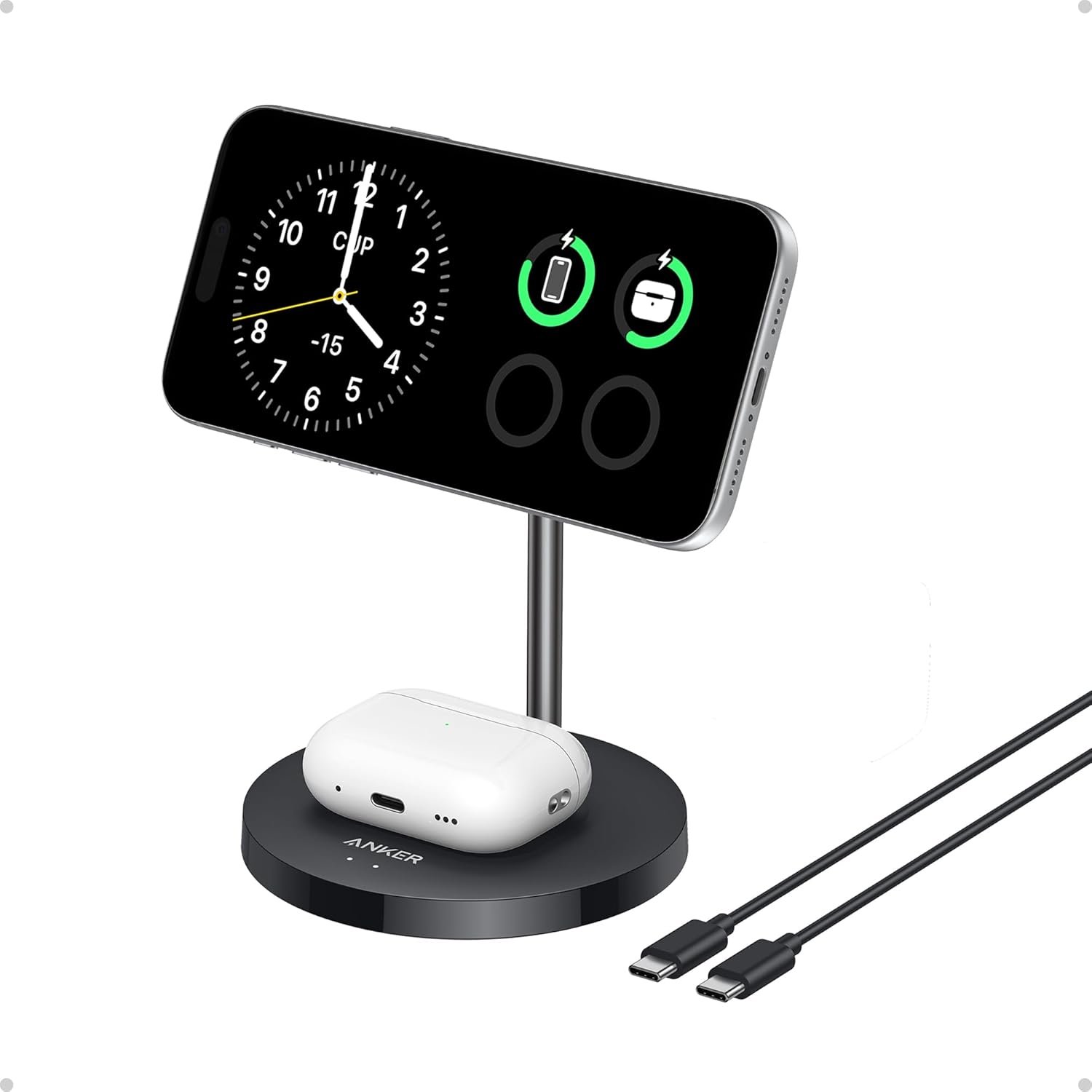 Anker MagSafe Compatible MagGo Charger Stand, iPhone 17 Wireless Charger, 2-in-1 Charging Station, Qi2 Certified 15W Fast Charging, for iPhone 17/16/15/14/13/12, AirPods Pro (Black, No Adapter)