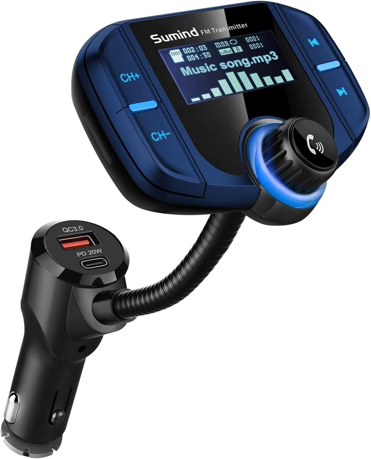 Sumind 2026 Upgraded Wireless Bluetooth Car Adapter FM Transmitter, 1.7” LCD Display, Flexible Gooseneck, 20W QC3.0&Dual USB Ports, AUX Input/Output for Hands-Free Call, Micro/TF Card(Blue,PD)