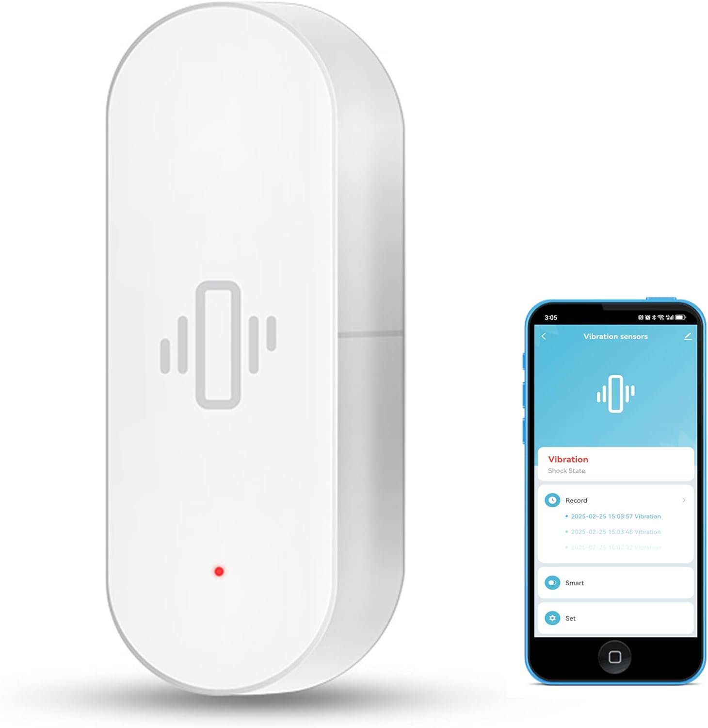 Smart Vibration Sensor: Wireless Glass Break Detector, WiFi Door Sensor with App Alerts, Adjustable Sensitivity, Glass Break Security Sensor for Alarm System and Smart Home Automation (1-Pack)