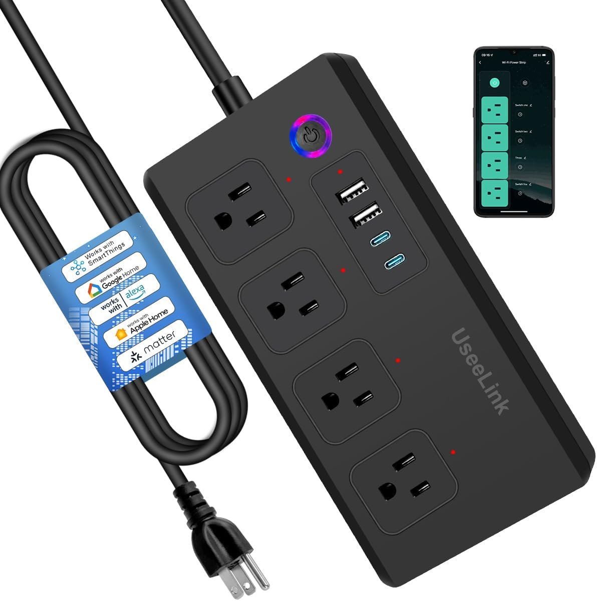 UseeLink ZigBee Smart Power Strip Plug,ETL Certified,ZigBee Hub Required,Compatible with Alexa, Google Home,Compatible Echo Devices and SmartThings,Black.5 Feet Extension Cord