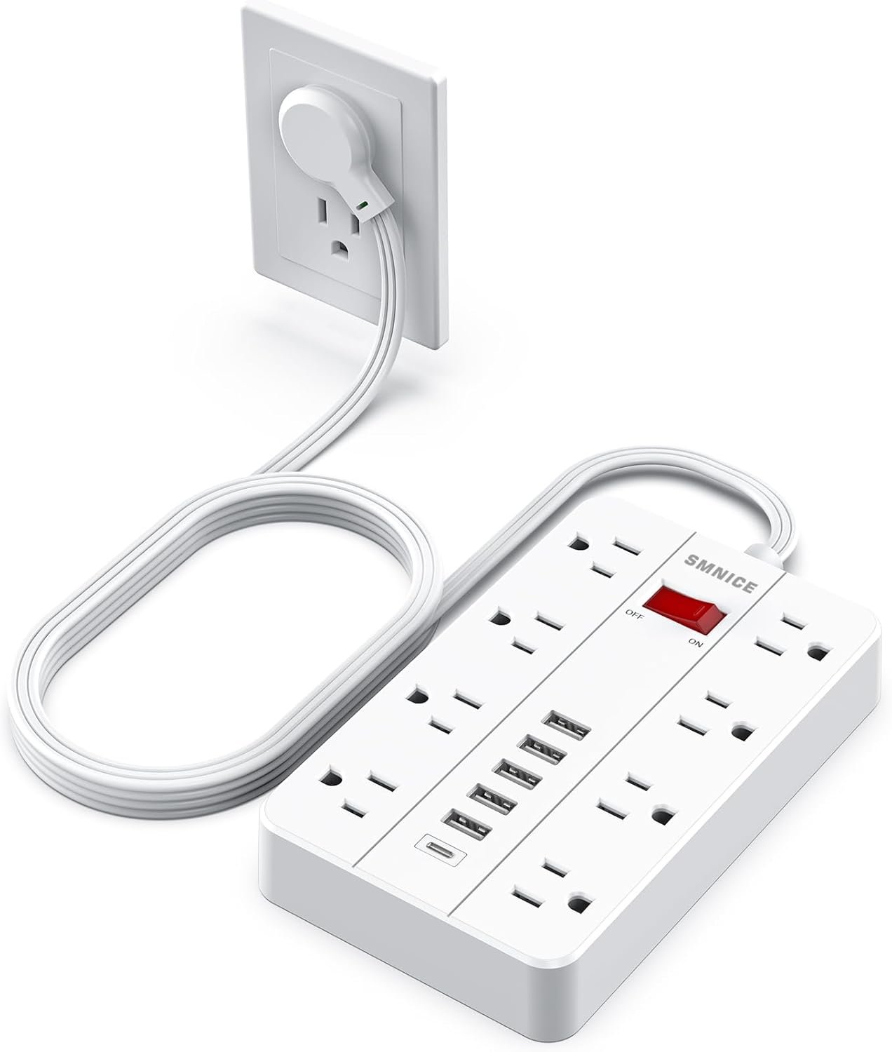 SMNICE Power Strip with USB,Surge Protector Flat Plug with 8 Widely Spaced Outlets and 6 USB Ports(1 USB C), 5ft Extension Cord Wall Mountable Phone Tablet Laptop Computer Multiple Devices