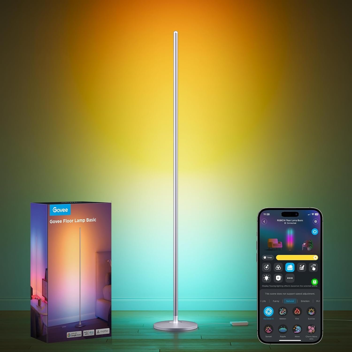 Govee RGBIC Floor Lamp, LED Corner Lamp Works with Alexa, Smart Modern Floor Lamp with Music Sync and 16 Million DIY Colors, Color Changing Standing Lamp for Bedroom Living Room Silver
