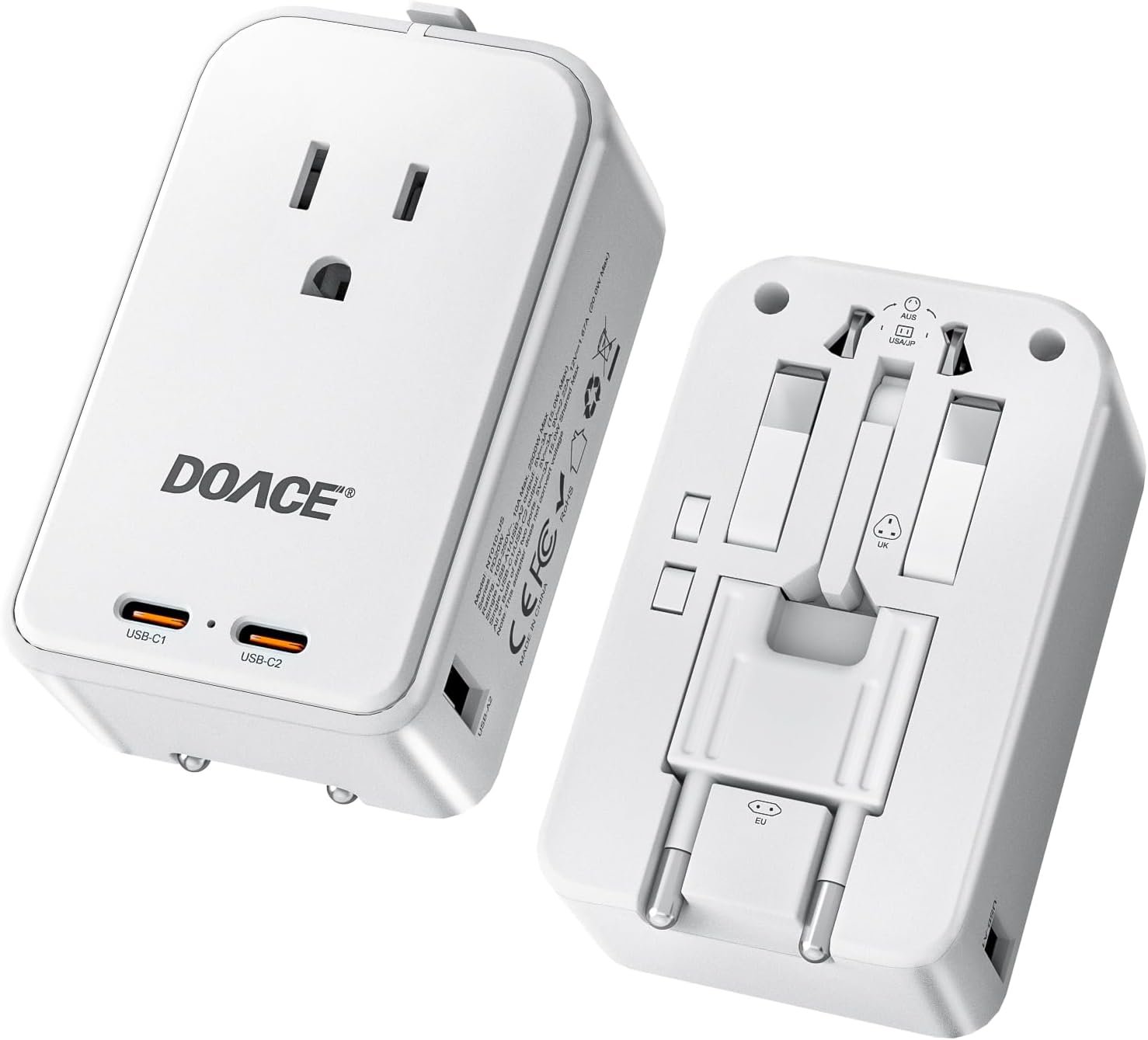 DOACE Pico Travel Adapter PD 45W, 5-Port Universal Power Adapter 1 AC, 2 USB C and 2 USB-A, International Plug Adaptor Worldwide for US to European UK Italy Spain New Zealand Over 200 Countries