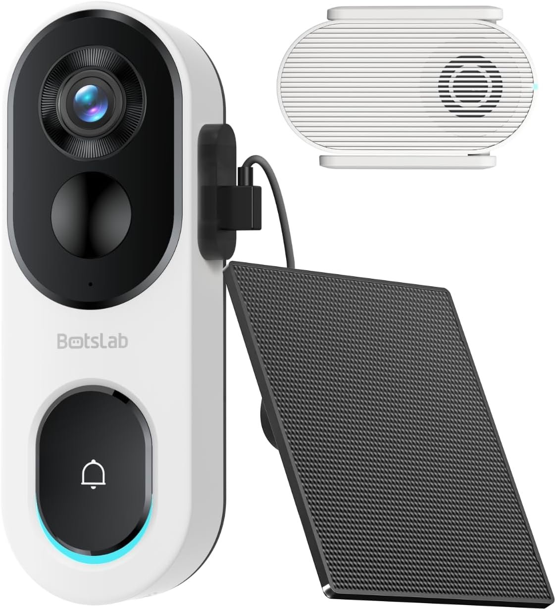 BOTSLAB 2K Doorbell Camera Wireless with Solar Panel, Nonstop Power Video Doorbell with Head-to-Toe View, No Monthly Fee, 2-Way Audio, Human Detection, 5200mAh Battery, 2.4Ghz WiFi
