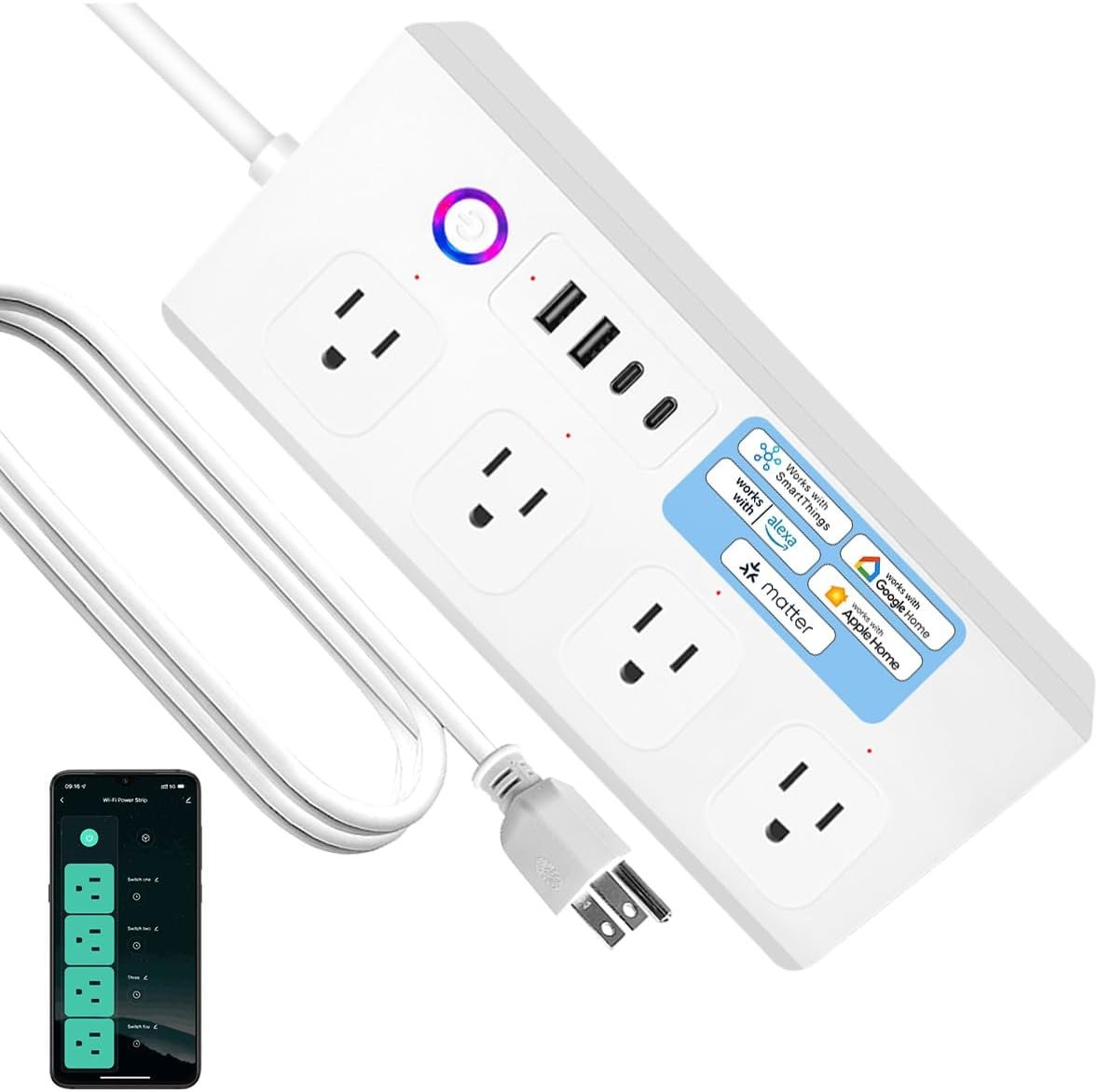 Matter Smart Power Strip,Works with Apple HomeKit, Siri, Alexa, Google Assistant, with 4 Individually Controlled AC Outlets & 2 USB 2 Type-C Ports, Multi-Plug Extender for Home Office (White)