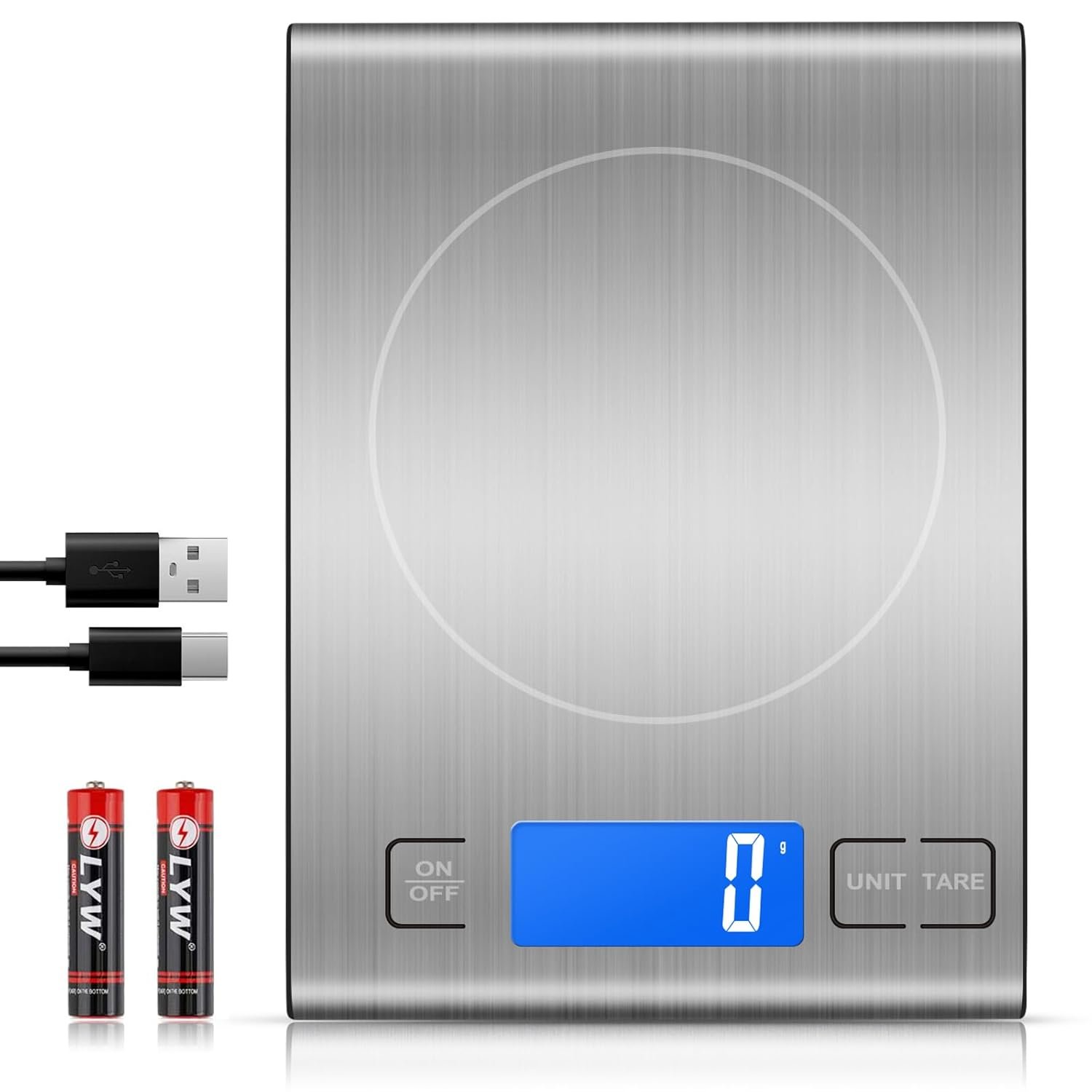 33lb Rechargeable Food Scale, Diyife 304 Stainless Steel Digital Kitchen Scale, 7.5 * 5.5 in Weight Grams and Ounces for Baking, Cooking, 5 Units with Tare Function, LCD Display, 2 AAA Batteries