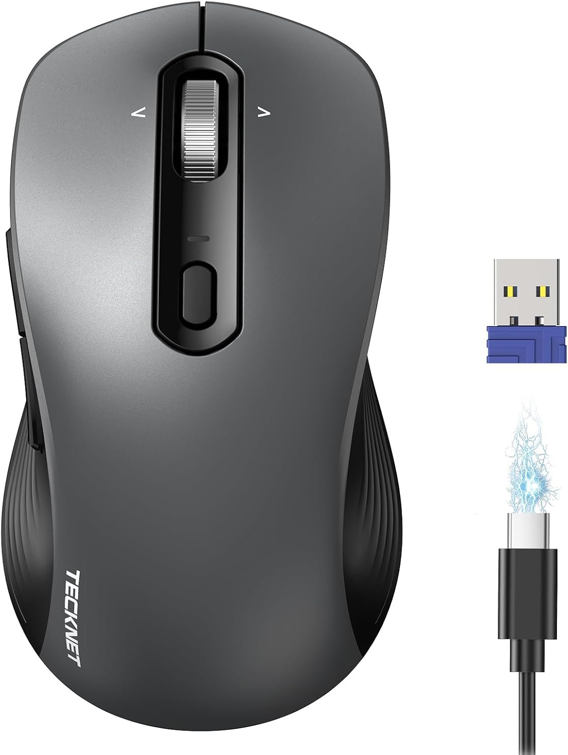 TECKNET Rechargeable Bluetooth Mouse, [ USB + BT5.0 + BT3.0 ] Wireless Mouse, Ergonomic 4-Way Scroll Wheel Computer Mice, 6-Level 4800 DPI Silent Mice, Multi-Device for Computer/Laptop/MacBook (Grey)