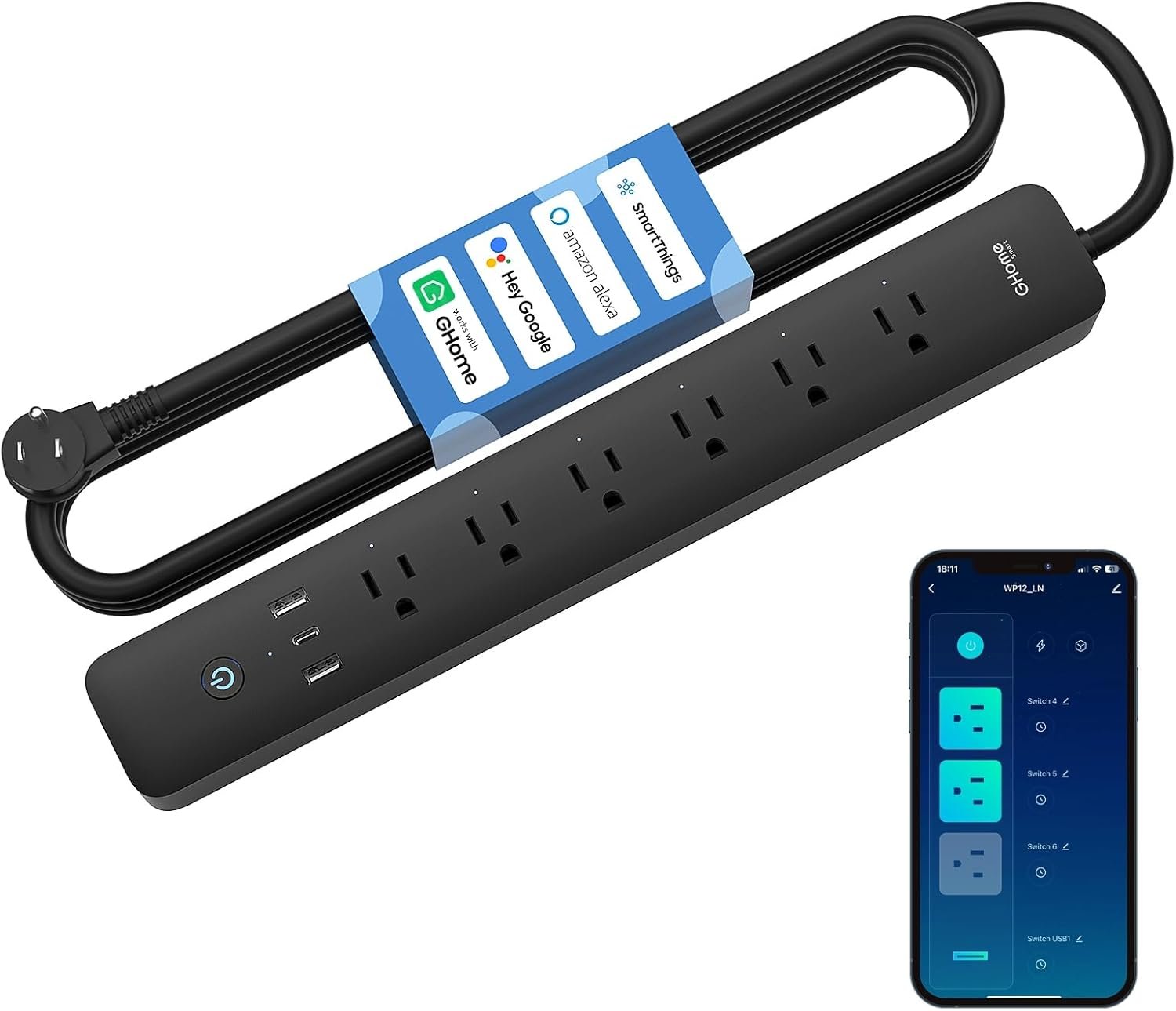 GHome Smart Power Strip 15A, 2.4G WiFi Smart plugs that work with Alexa & Google Home, Surge Protector Flat Plug with 6 APP Control WiFi outlets, FCC Listed, 7.18 Ft flat Extension Cord, No Hub Needed