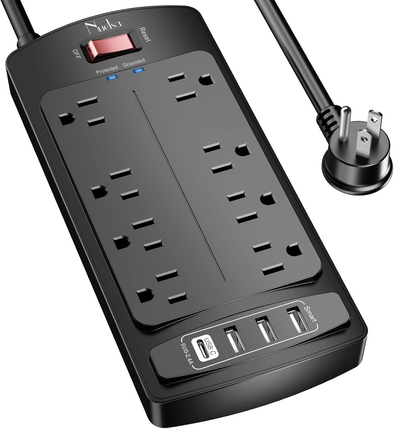 Surge Protector Power Strip – Nuetsa Flat Plug Extension Cord with 8 Outlets and 4 USB Ports, 6 Feet Power Cord (1625W/13A), 2700 Joules, ETL Listed, Black