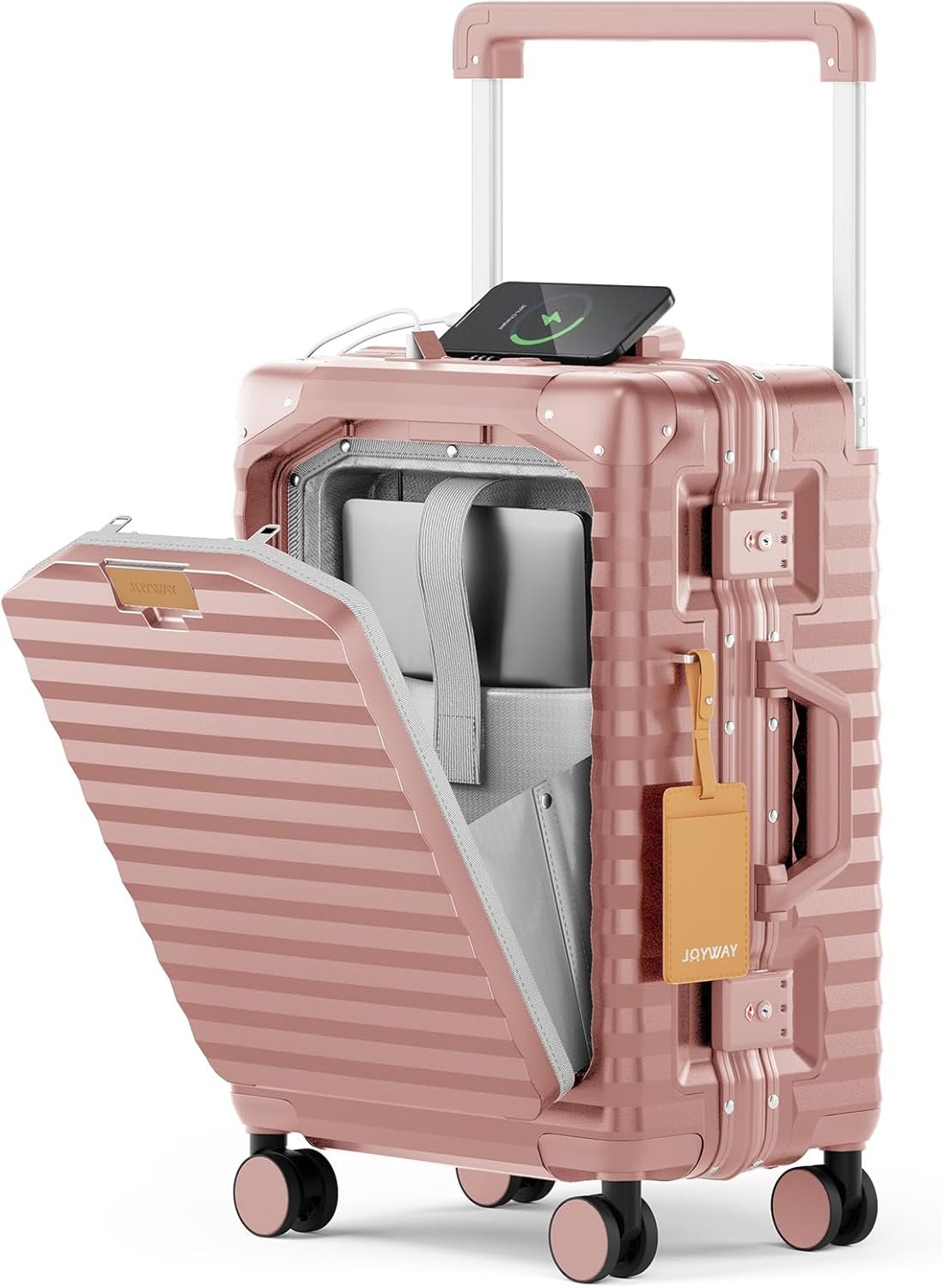 Joyway 20 Inch Carry on Luggage with Aluminium Frame and Front Pocket, PC Hardshell Suitcase with USB Port and Cup Holder, 21.5×14.2×9 Airline Approved, Luggage with Spinner Wheel TSA Lock(Rose Gold)