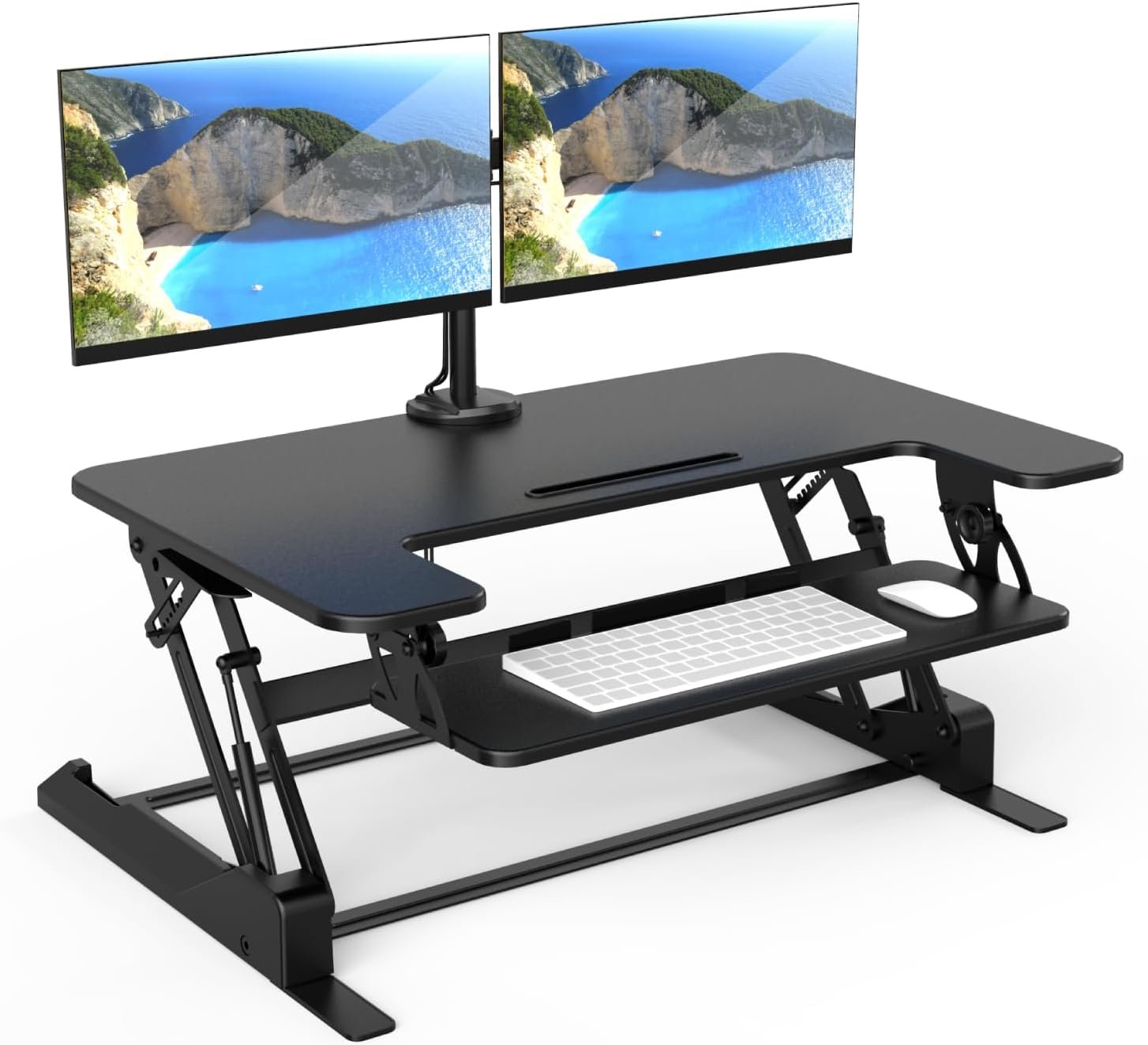 Mount-It! Standing Desk Converter Dual Monitor, 2 Screen Mounts Included, Height Adjustable Desk Riser in Black, Stand Up Desk Convertor Large 36″ Wide, Sit Stand Convertor with Manual Lift Gas Spring