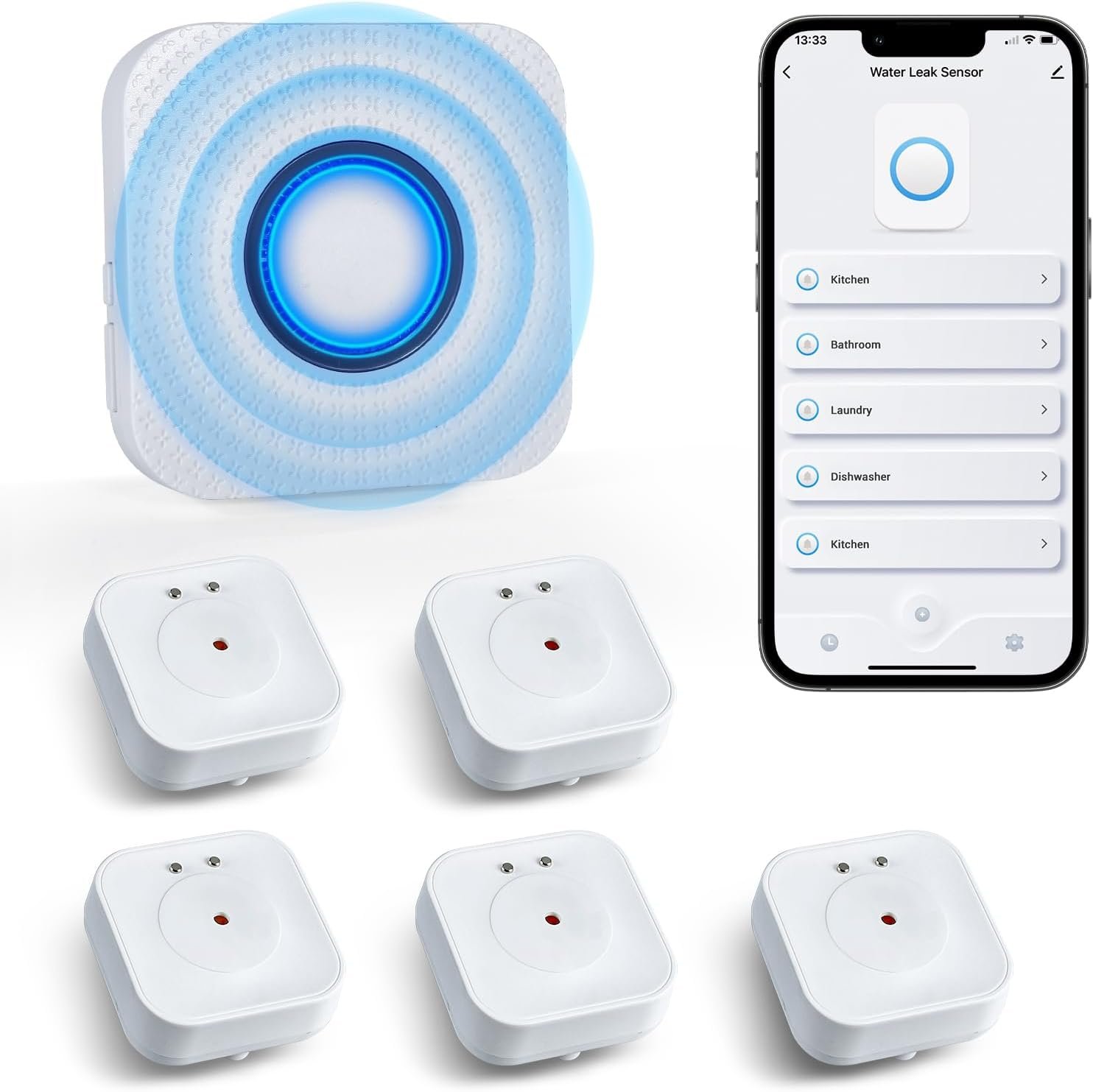 WiFi Water Sensors – 110dB Detector with Real-time APP Notifications | 5Pack Leak Alarm with Remote Control, 2.4G Sensors for Home