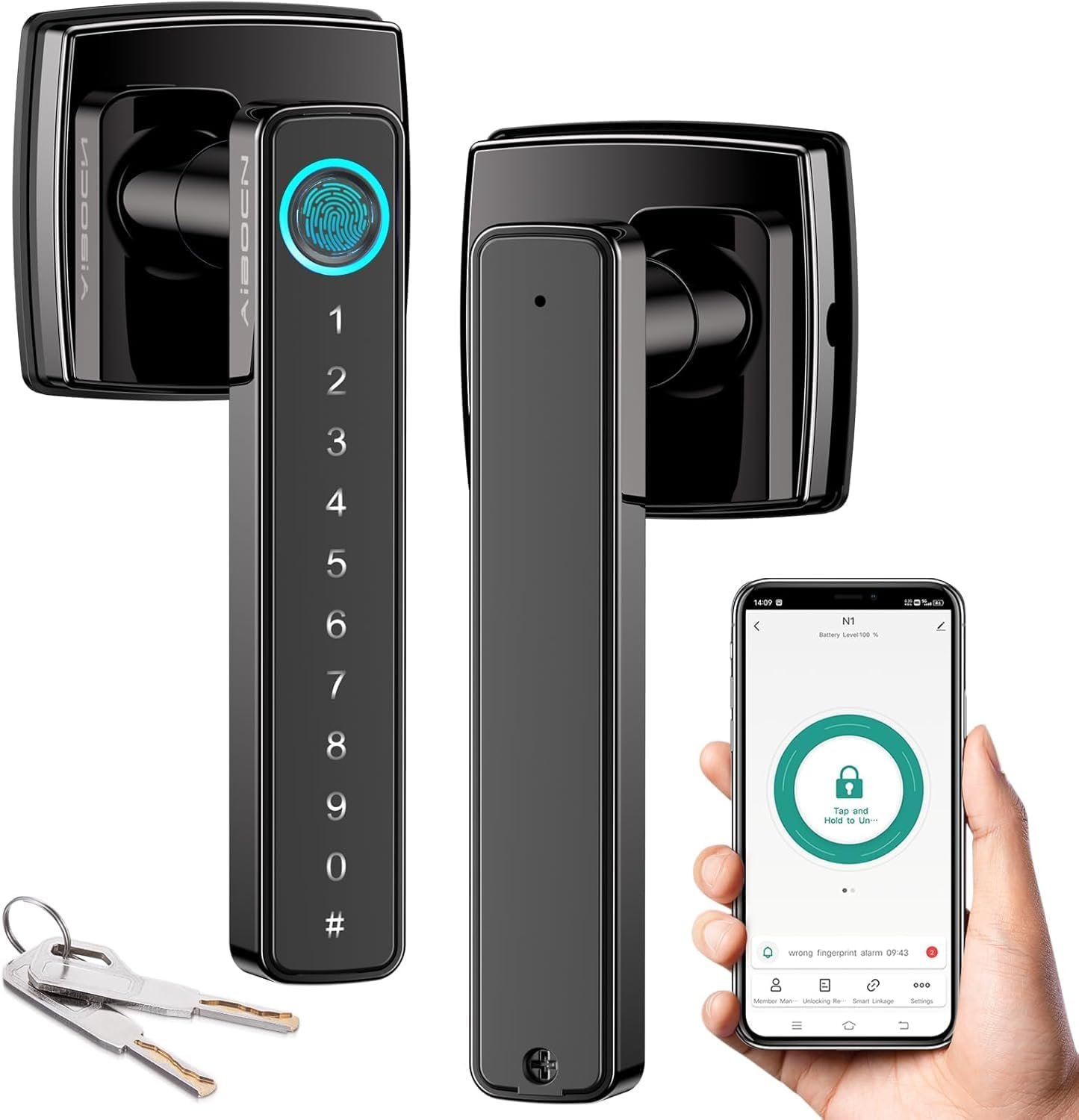 Aibocn Smart Door Lock with Handle, Fingerprint Keyless Entry Lock for Bedroon Door, App Control, Keypad, Bluetooth, Code, Key, Biometric Deadbolt Lock for Front Door