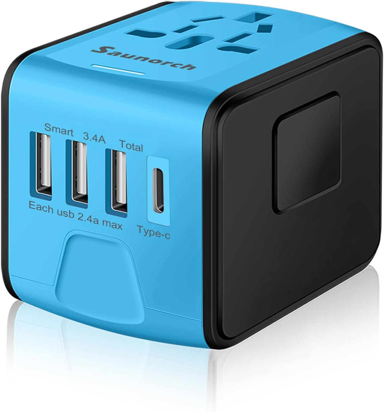 SAUNORCH Travel Adapter Worldwide, Universal International Power Plug Adapter W/2.4A 3xUSB-A and 3.0A Type-C Wall Charger, European Travel Plug Adapter for Europe UK EU US CA AU Italy Asia-Blue