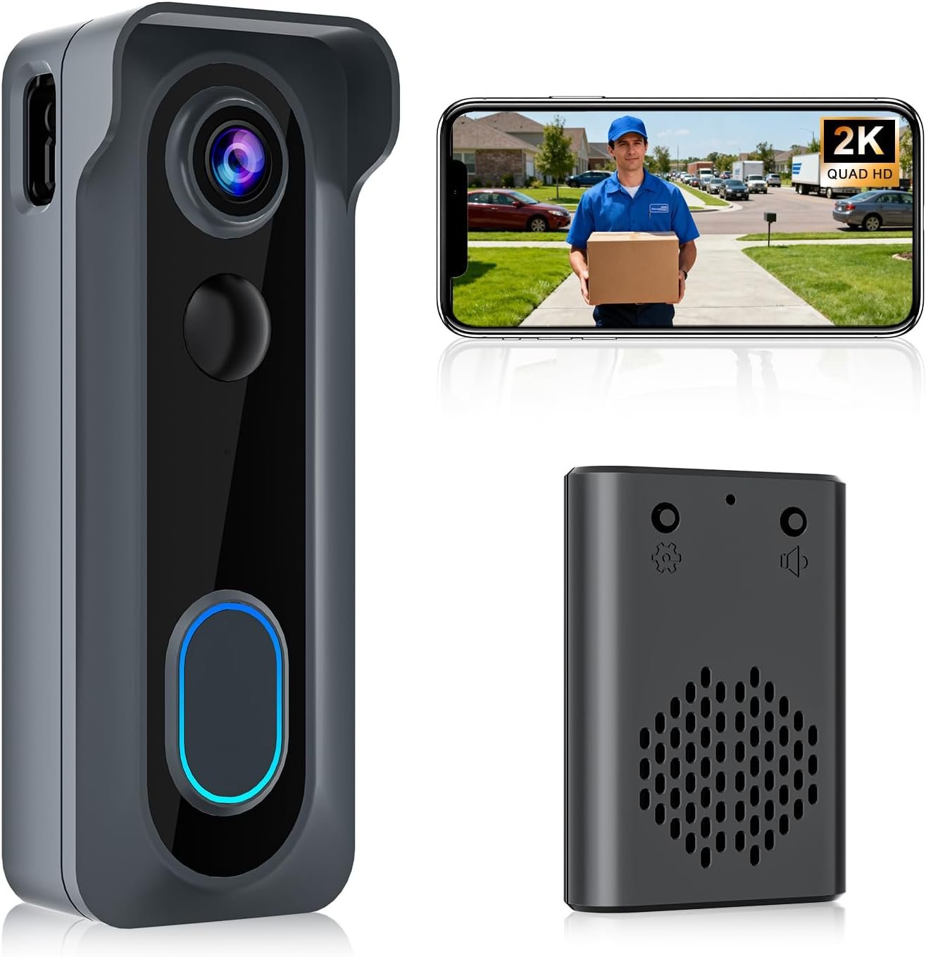Doorbell Camera Wireless with Chime -2K HD Video AI Motion Detection, Two – Way Audio, Night Vision, Cloud Storage,Battery Powered – Compatible with Alexa, 2.4G WiFi Only