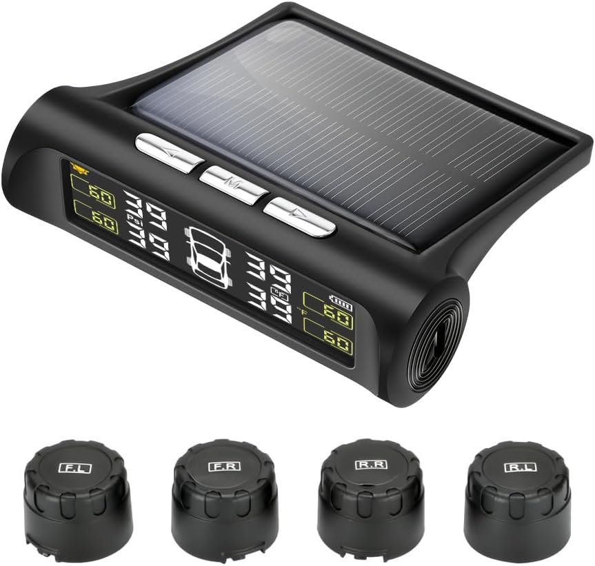 Tire Pressure Monitoring System – TPMS Tire Pressure Monitor System with Solar Charger, TPMS with 4 External sensors & 5 Alarm Modes, LCD Real-time Display, Auto Sleep Mode, Easy to Install