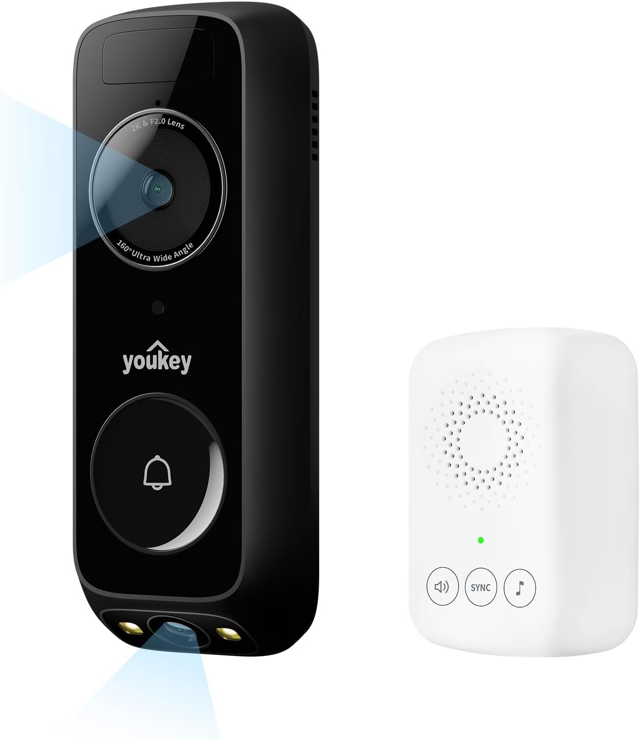 youkey Dual-cam Video Doorbell–See Visitor & Package at Once, No Monthly Fee, 2K Battery Doorbell with Package Detection, 5Ghz WiFi, Built-in 8GB Storage, Works with Alexa & Google Home,Chime Included