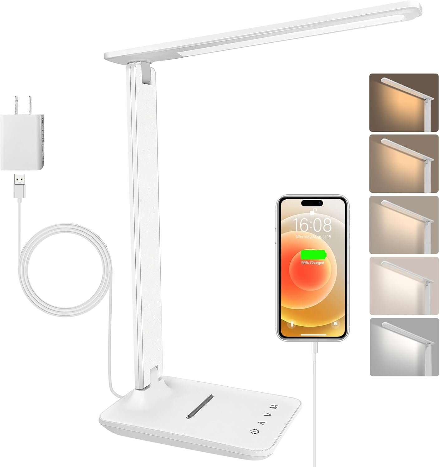 karidi LED Desk Lamp Dimmable Table Lamp with USB Charging Port, 5 Lighting Modes, Sensitive Control, Foldable Portable Desk Light for Home Office Bedroom Reading (White, Standard Size – 13.3 inch)