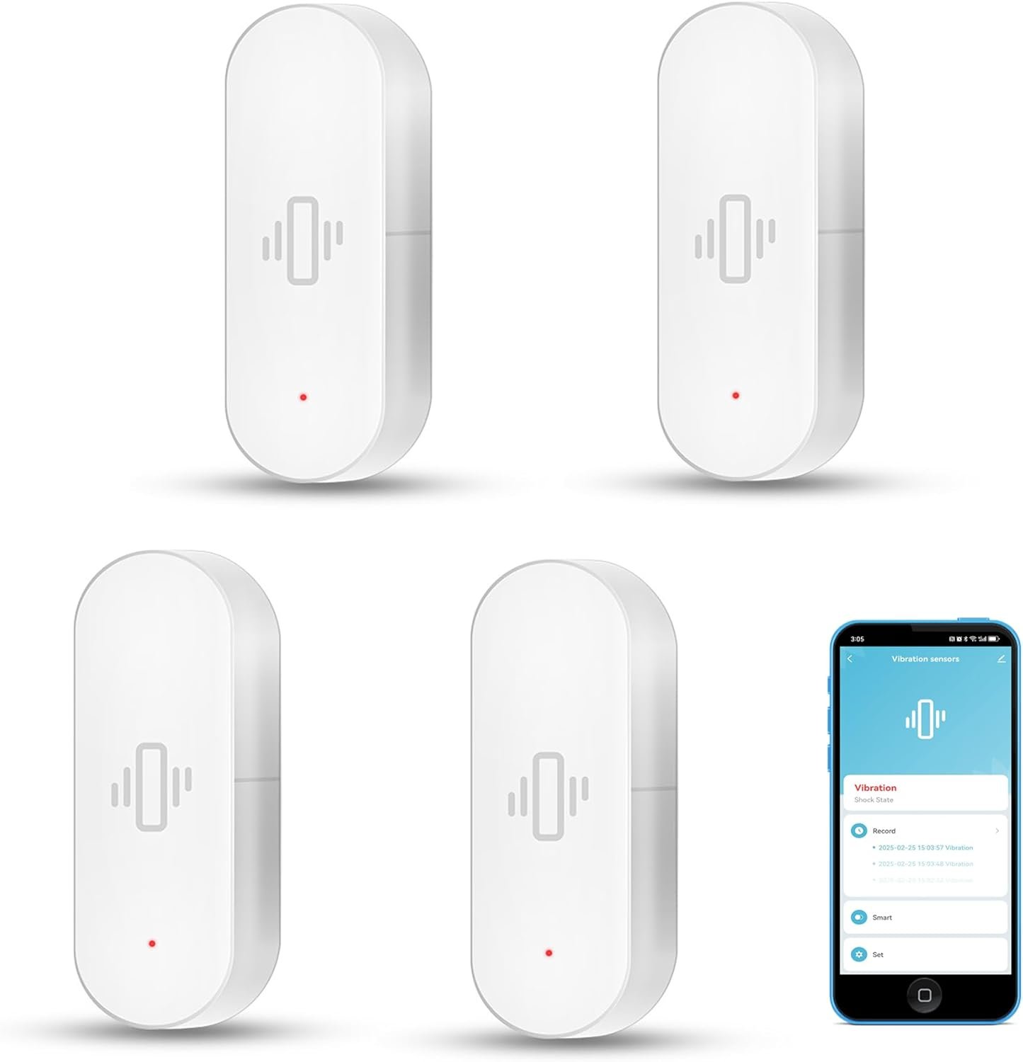 Smart Vibration Sensor: Wireless Glass Break Detector, WiFi Door Sensor with App Alerts, Adjustable Sensitivity, Glass Break Security Sensor for Alarm System and Smart Home Automation (4-Pack)