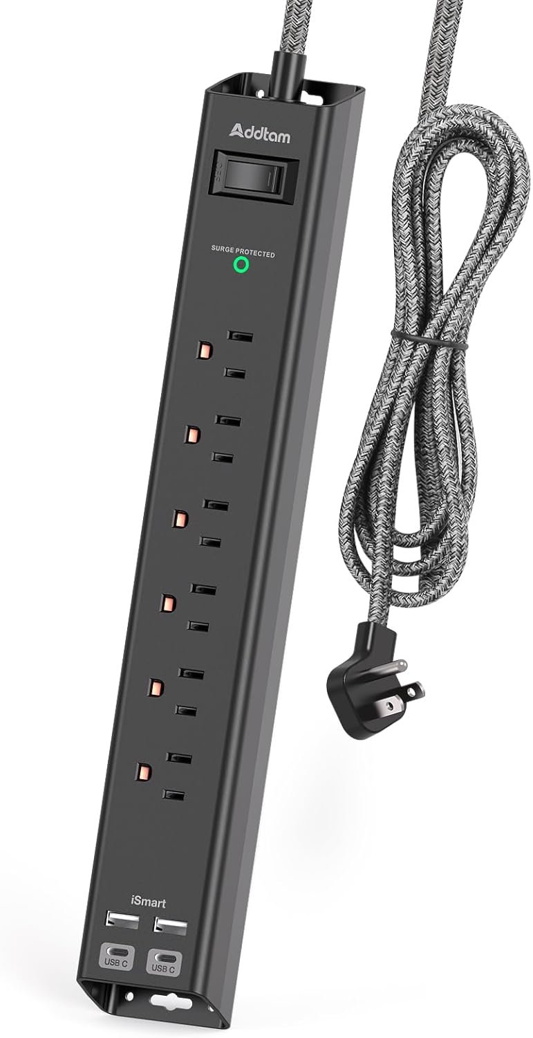 Surge Protector Power Strip – Extension Cord with Addtam 6 AC Outlets 4 USB (2 USB-C Ports), 1875W/15A, Flat Plug with Overload Surge Protection, Outlet Extender for Home Office Dorm Room Essentials