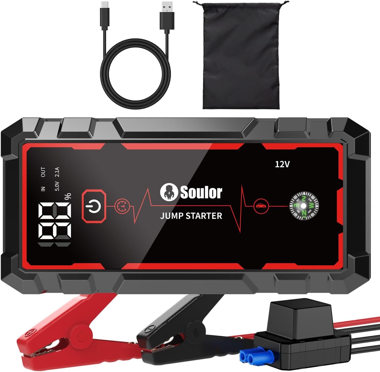 5000A Jump Starter Car Battery Jumper Starter Portable with Jumper Cable, Quick Charge Power Bank, 3 Modes Flashlight, Compass
