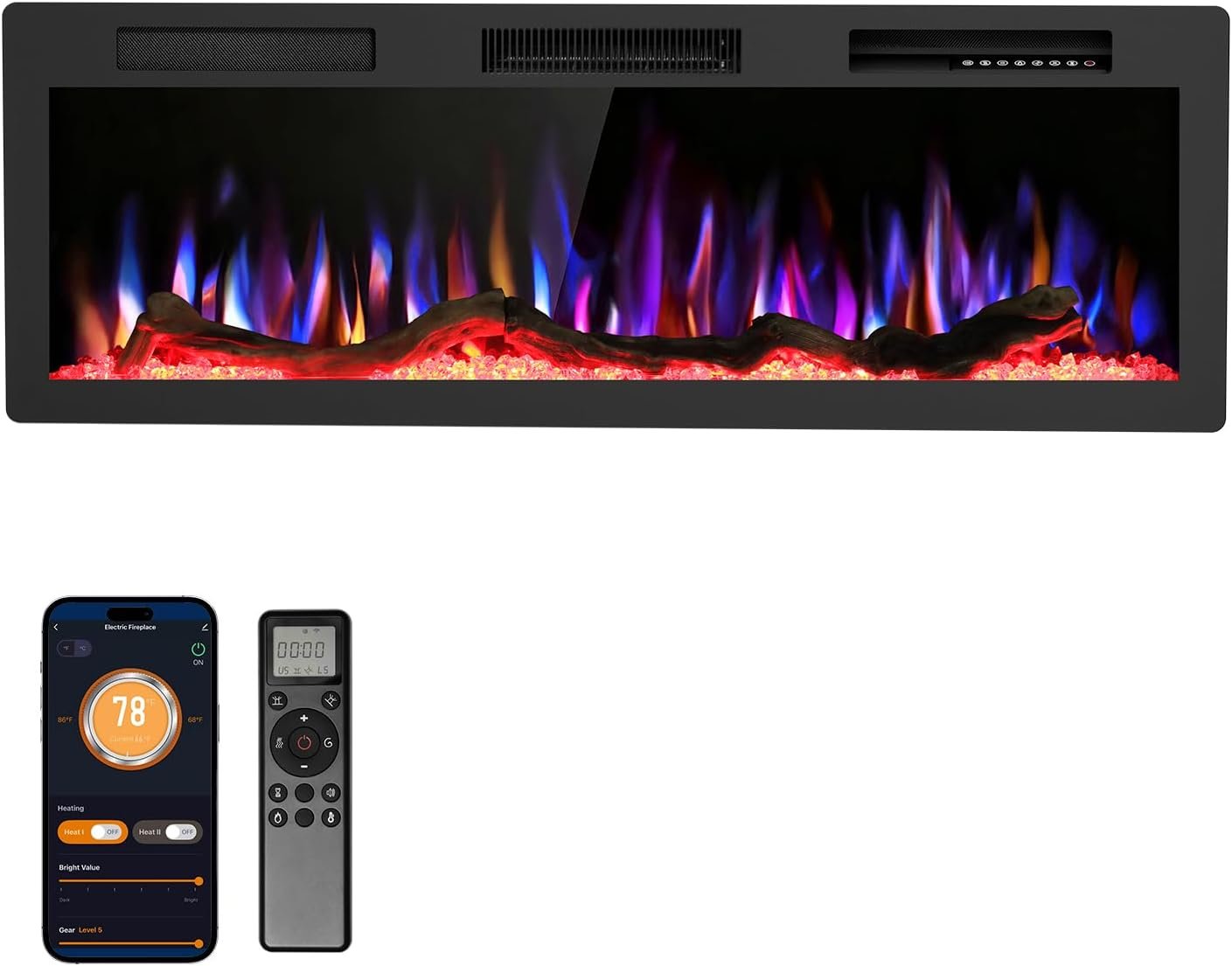 R.W.FLAME 50″ Recessed and Wall Mounted Smart Electric Fireplace, Alexa/WiFi Enabled, APP Control with Multiple Sound Modes, Remote Control with Timer, Adjustable Flame Colors and Speed