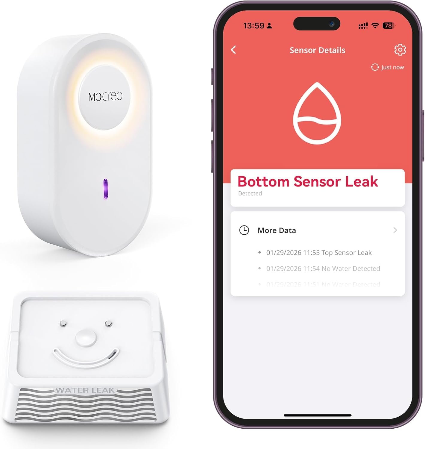 MOCREO WiFi Water Leak Detector Kit, 2000ft Long Range, SMS App Email Alerts, 105dB Adjustable Alarm, Leak Severity Tracking, 5-Year Battery Life, IP67 Water Leak Sensor for Basement Kitchen Bathroom