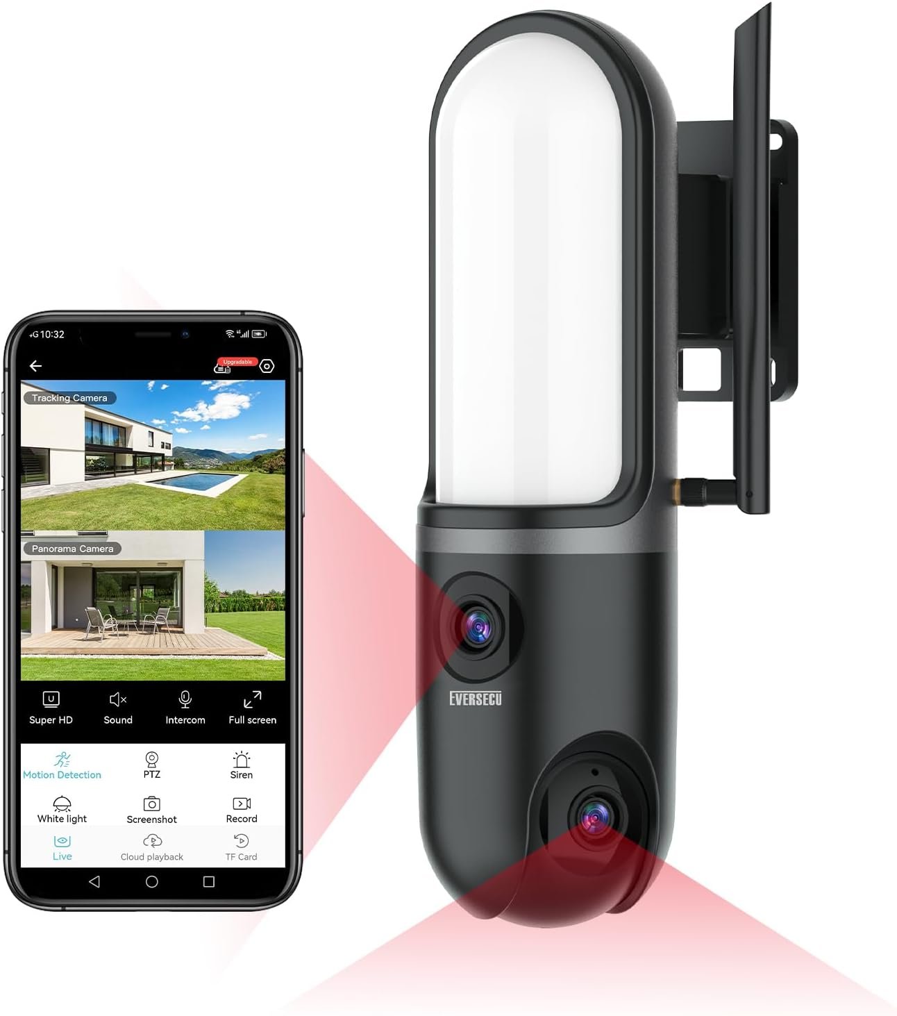 EVERSECU Dual Lens Waterproof Wall Light Camera, 3K Video, 1200LM Floodlight, 2 Way Audio, PTZ Auto Tracking, Support ONVIF & RTSP & Alexa, Cloud/SD Storage, Outdoor Wired WiFi Security Camera
