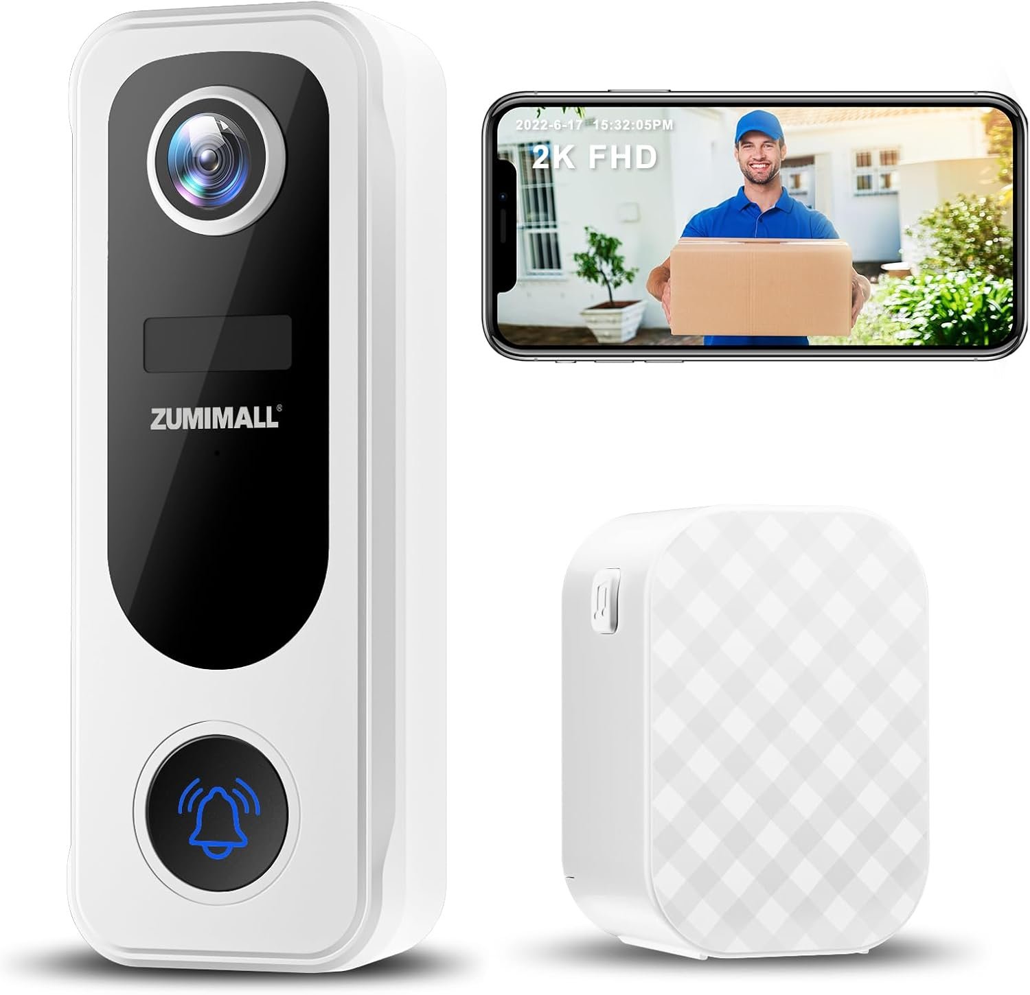 ZUMIMALL Doorbell Camera Wireless No Subscription – 2K Video Doorbell Wireless with Chime, 2 Way Audio, 30s Voice Message, Anti-Theft, AI Detection, Only 2.4GHz WiFi, Battery Powered, Work with Alexa