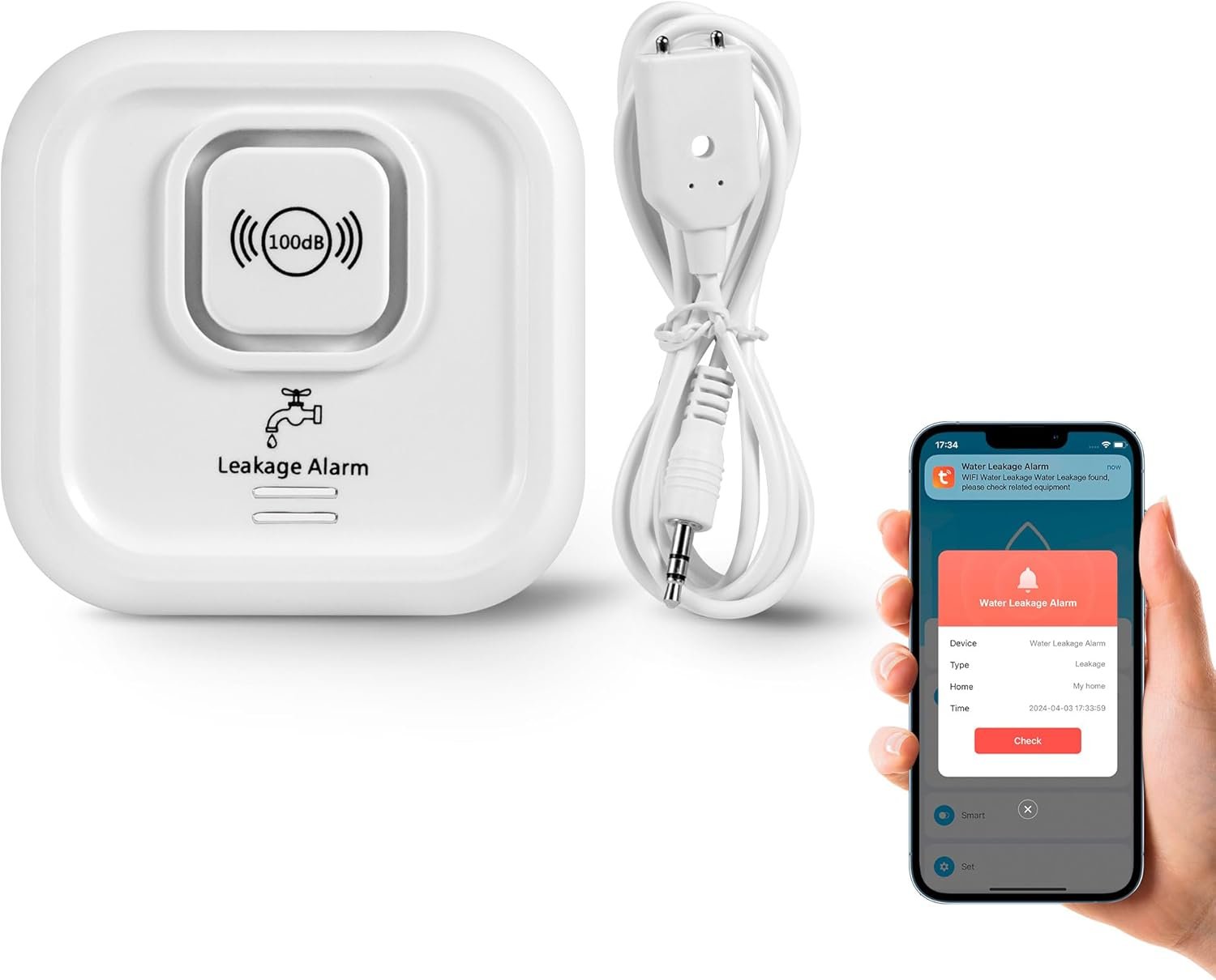 WiFi Water Leak Detectors 100dB Smart Water Sensor Alarm with 3.22 ft Sensor Cable Triple Detection Mode, with App Remote Monitor, Wireless Tank Level Monitor for Basement, Kitchen, Bathroom(1pack)