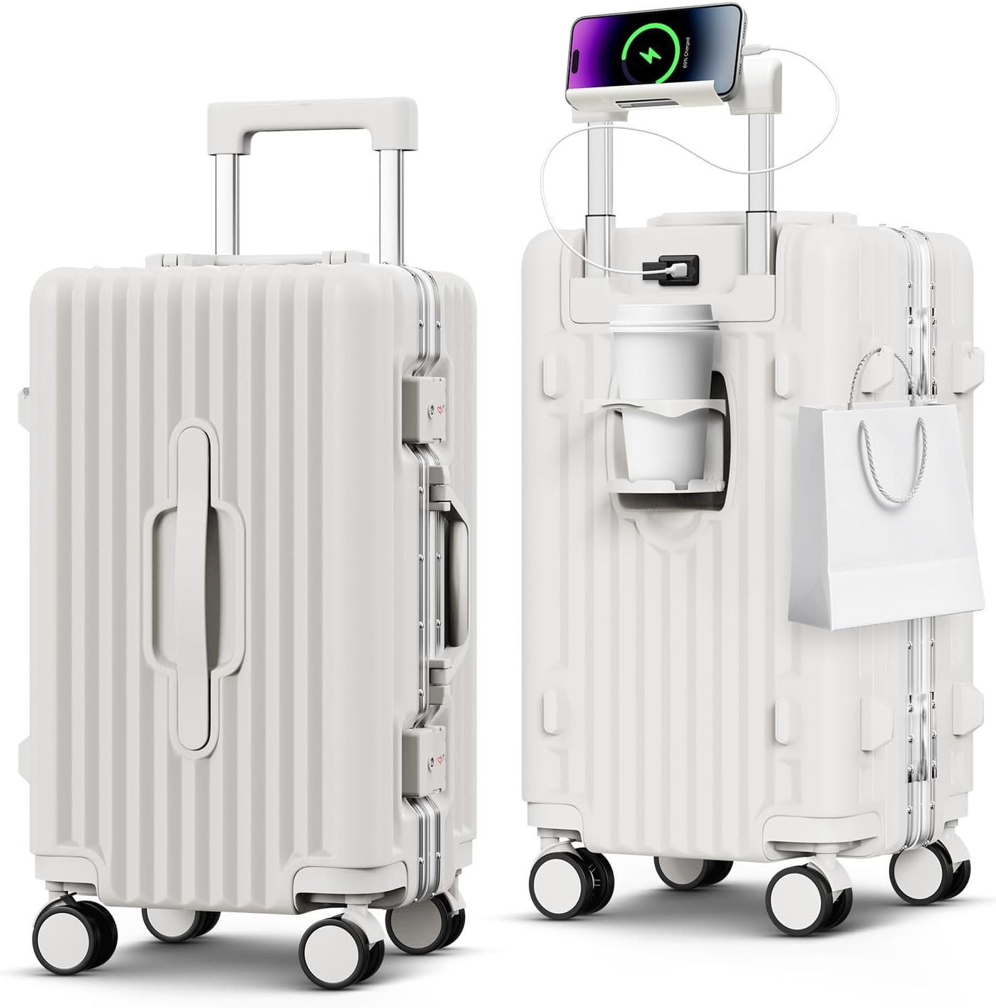 Carry on Luggage, 20 Inch Aluminum Frame PC Hardshell Suitcase with Cup Holder & Charger Port, Airline Approved Weekend Business Travel Case with Spinner Wheels, Tsa Lock